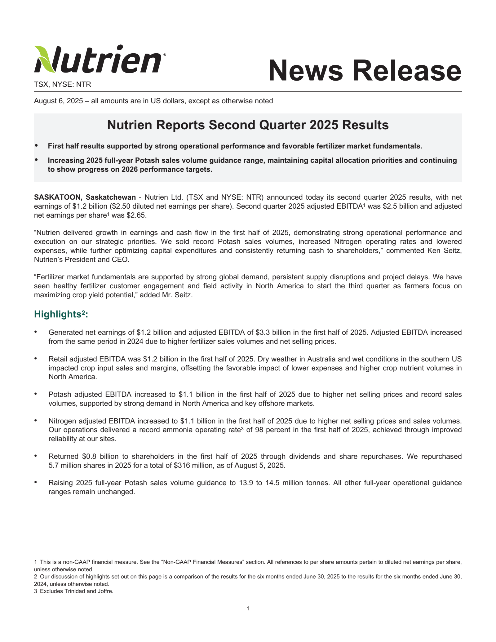 Nutrien's Q2 2025 Press Release