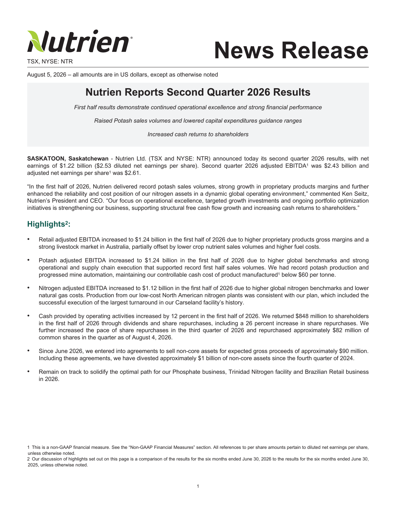 Nutrien's Q2 2026 Press Release