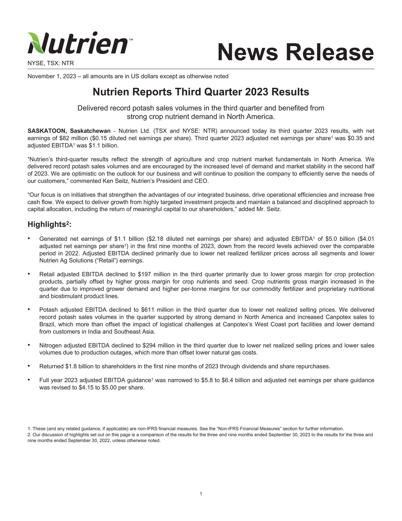 Nutrien's Q3 2023 Earnings Release