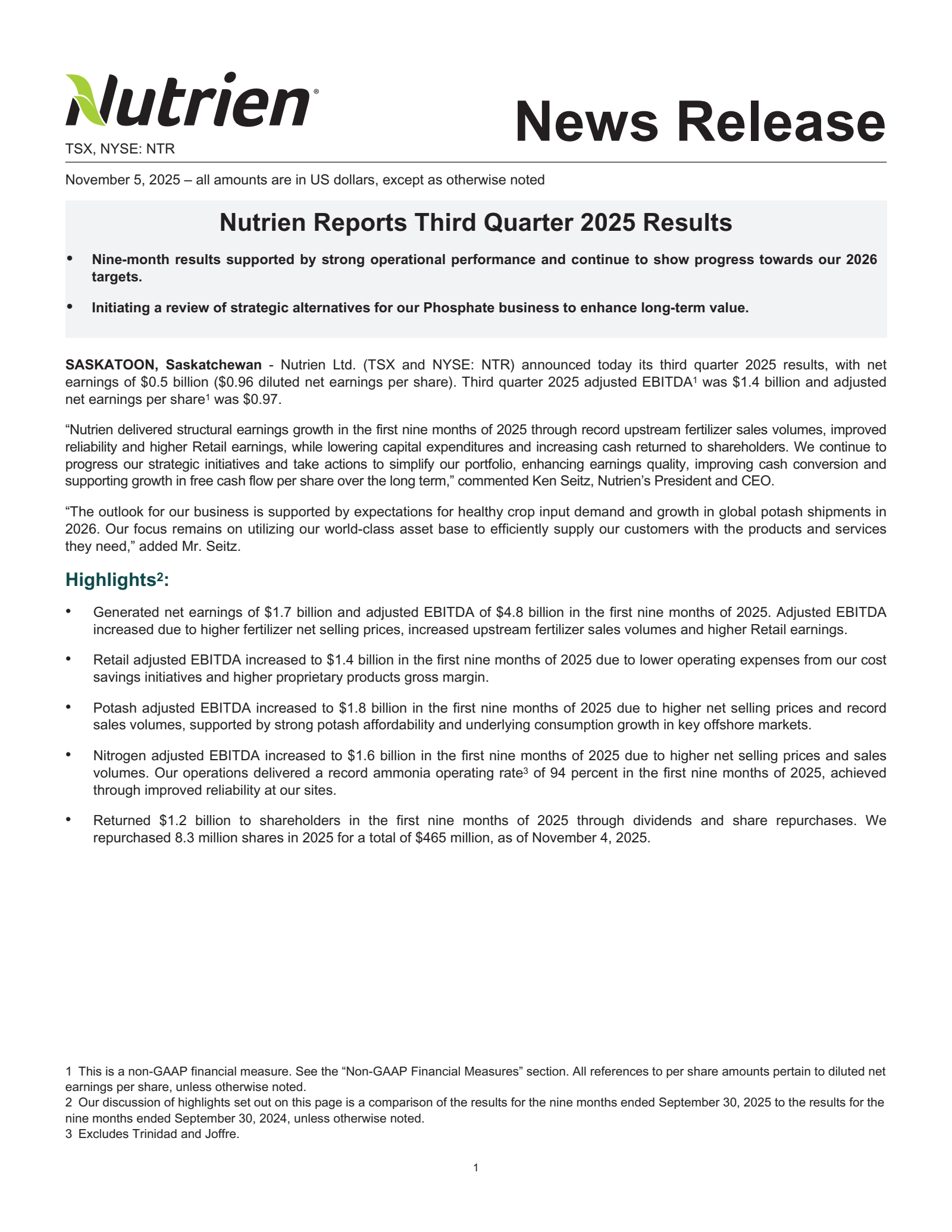 Nutrien's Q3 2025 Press Release