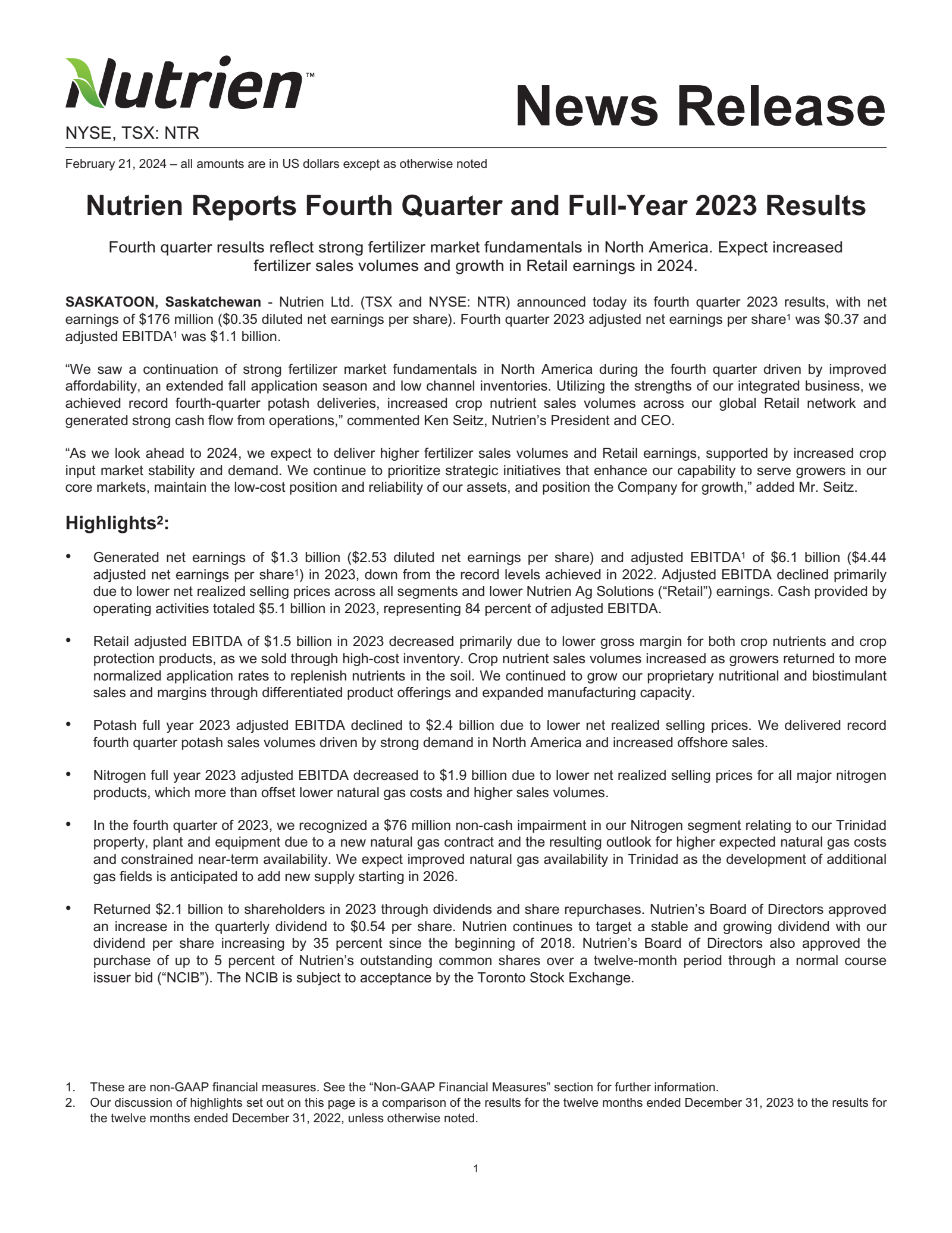 Nutrien's Q4 2023 Press Release