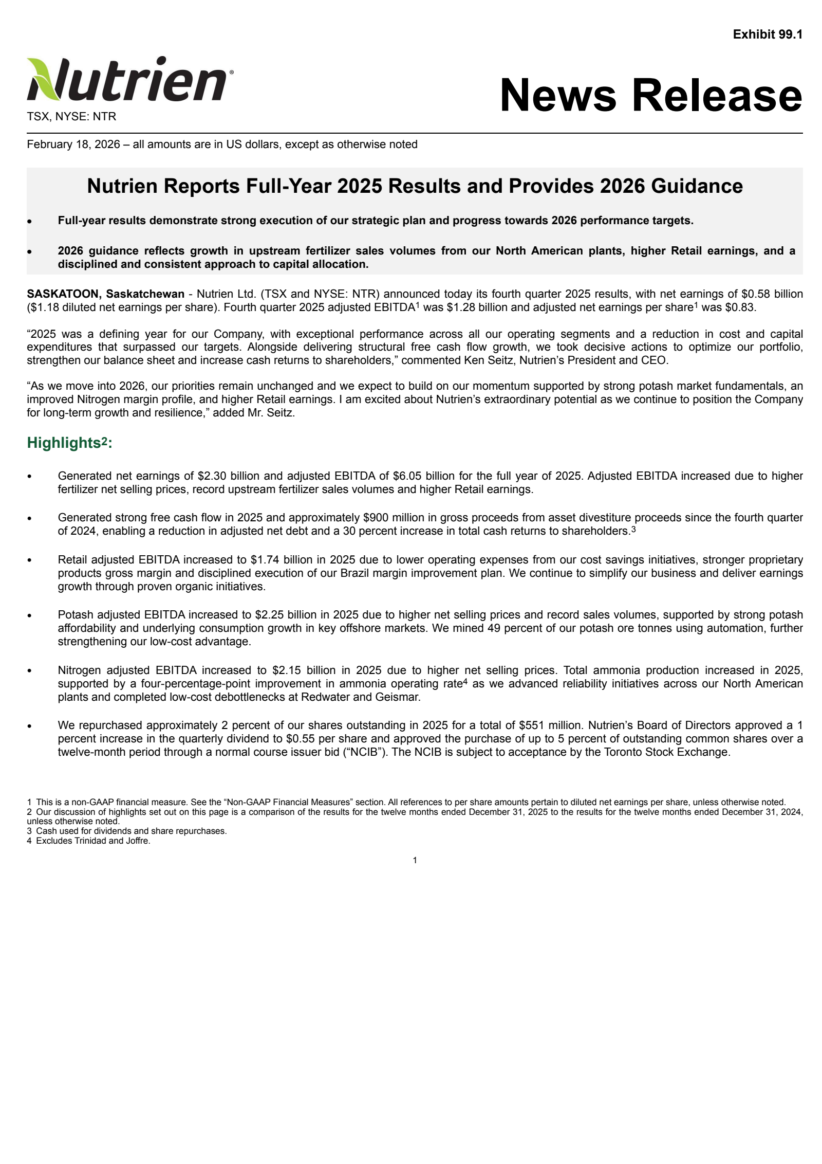 Nutrien's Q4 2025 Press Release