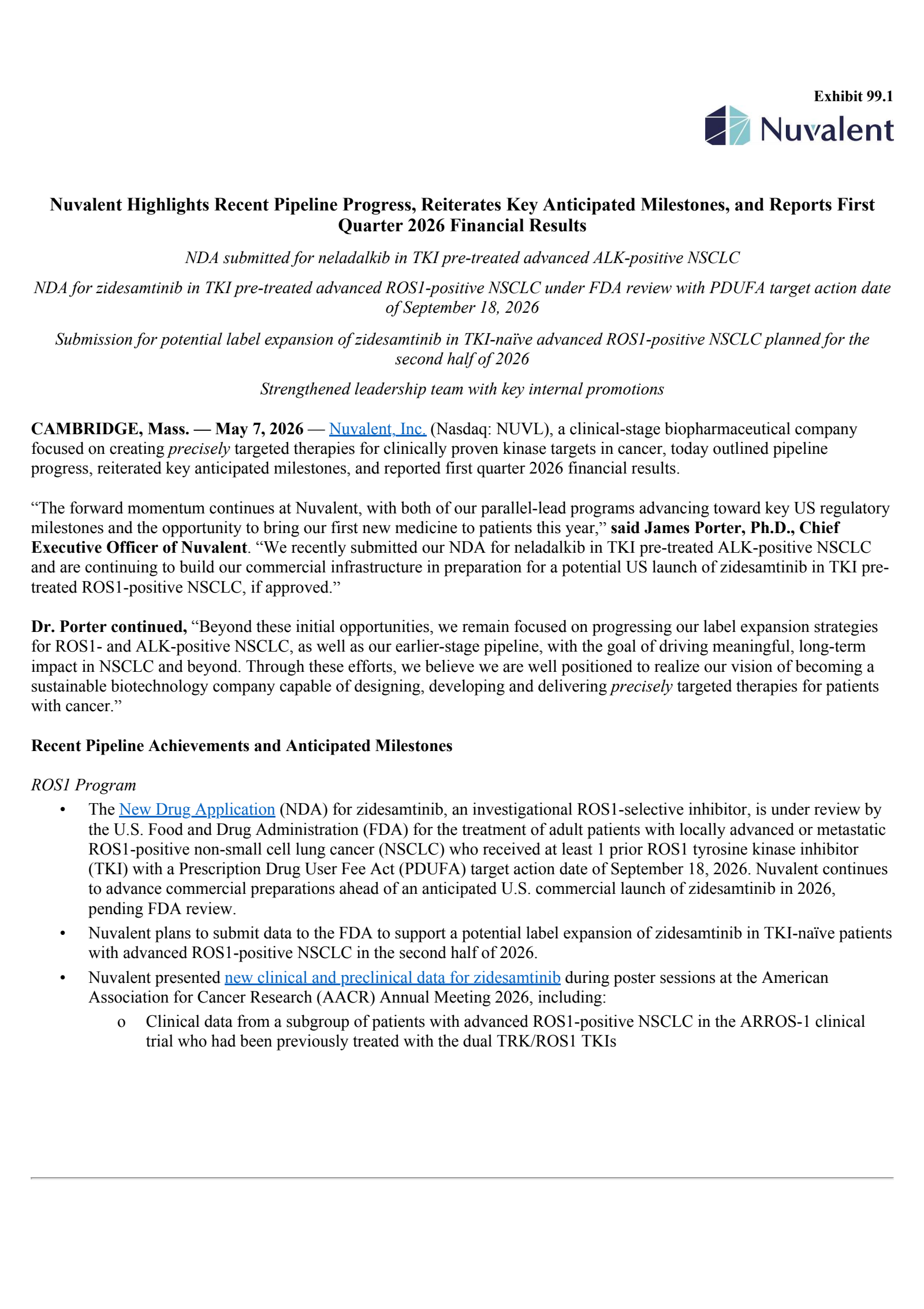 Nuvalent's Q1 2026 Press Release