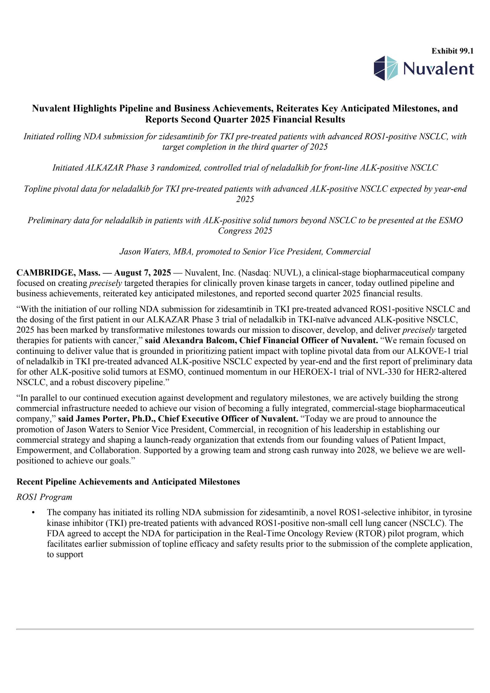 Nuvalent's Q2 2025 Press Release