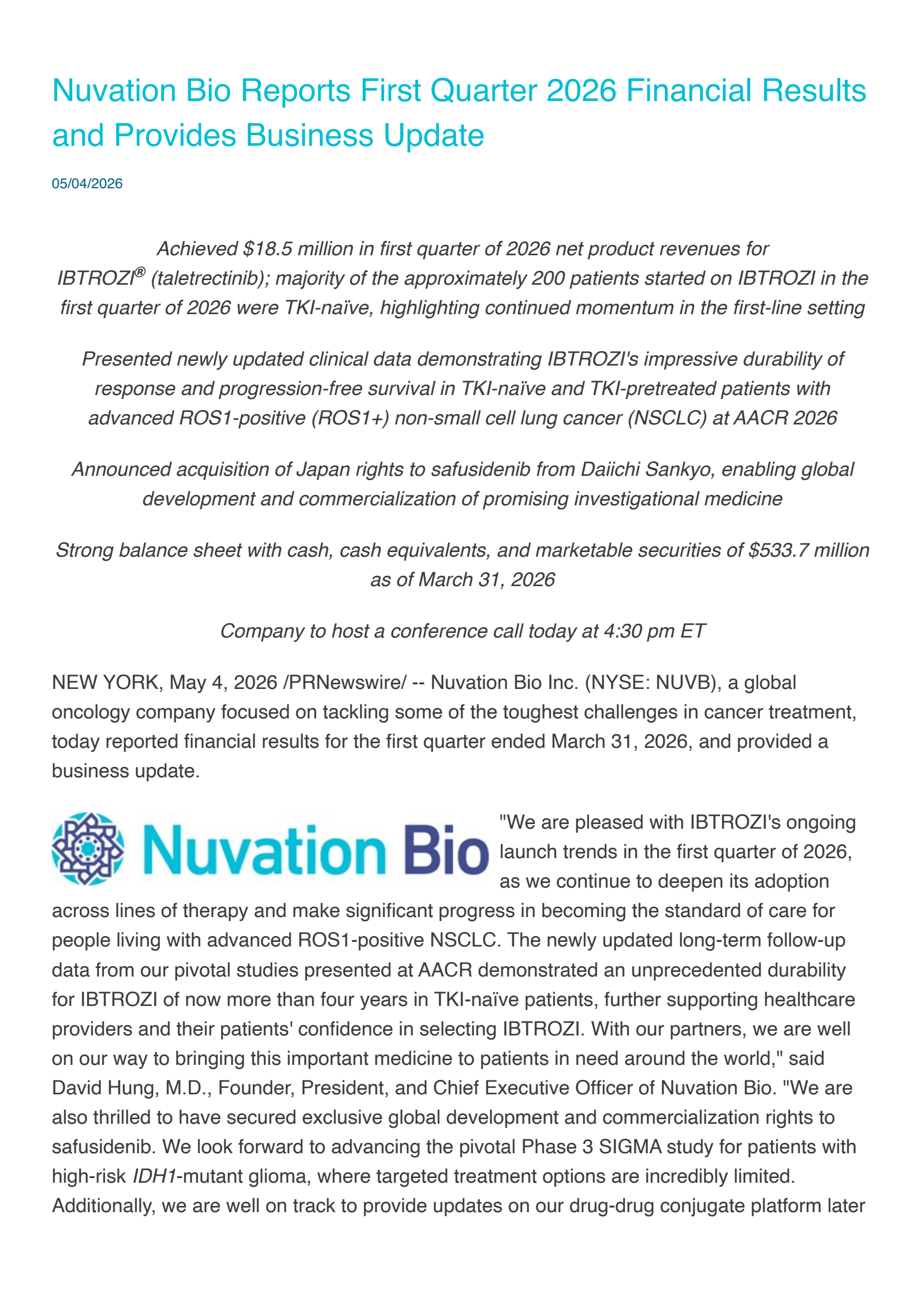 Nuvation Bio's Q1 2026 Press Release