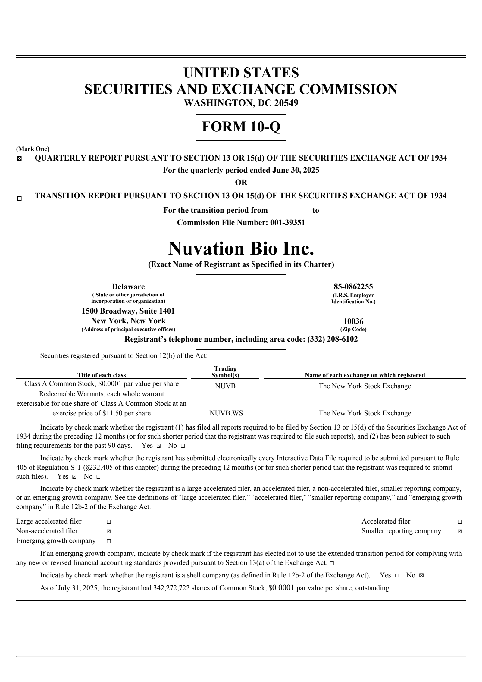 Nuvation Bio's Q2 2025 Quarterly report