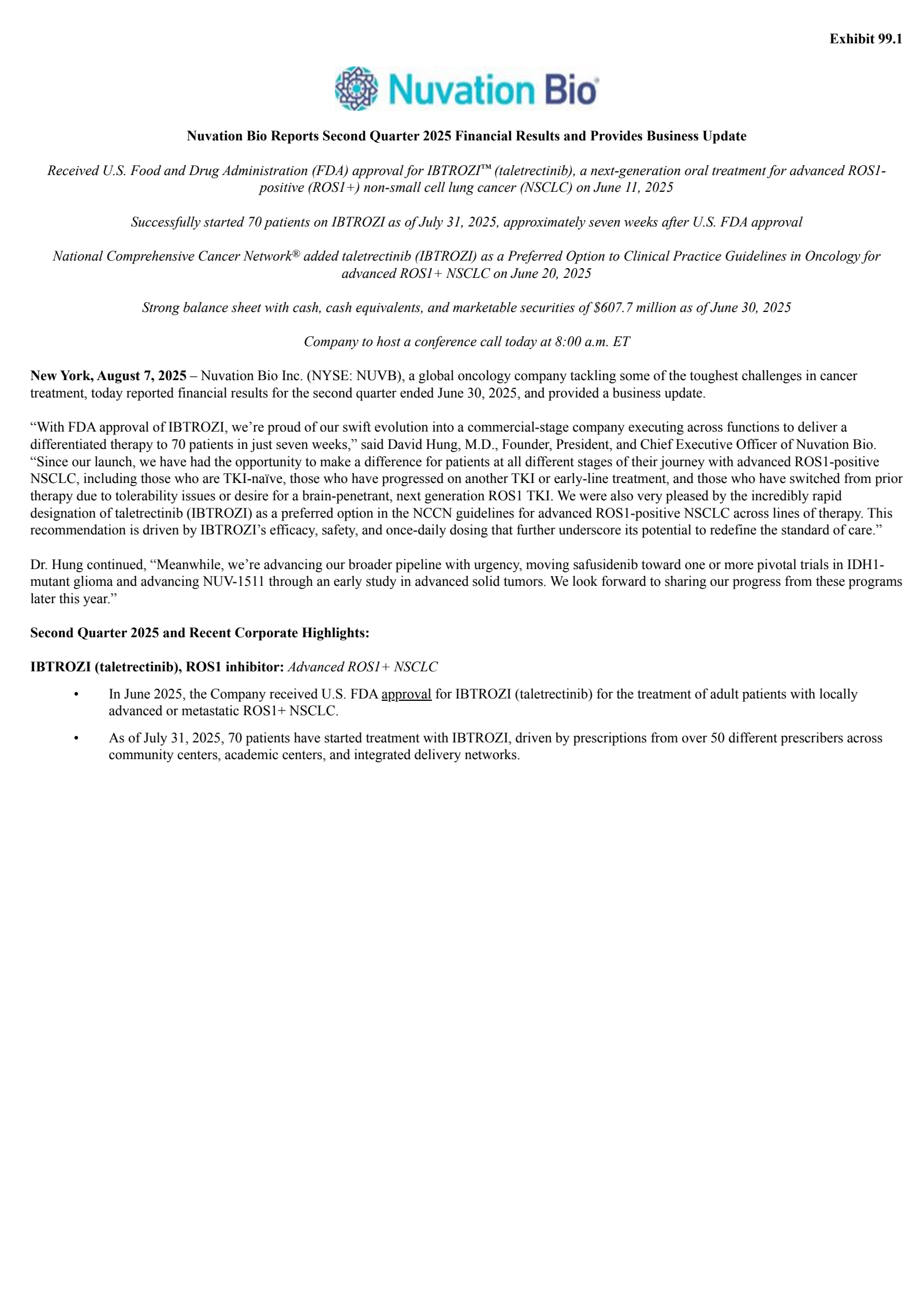 Nuvation Bio's Q2 2025 Press Release