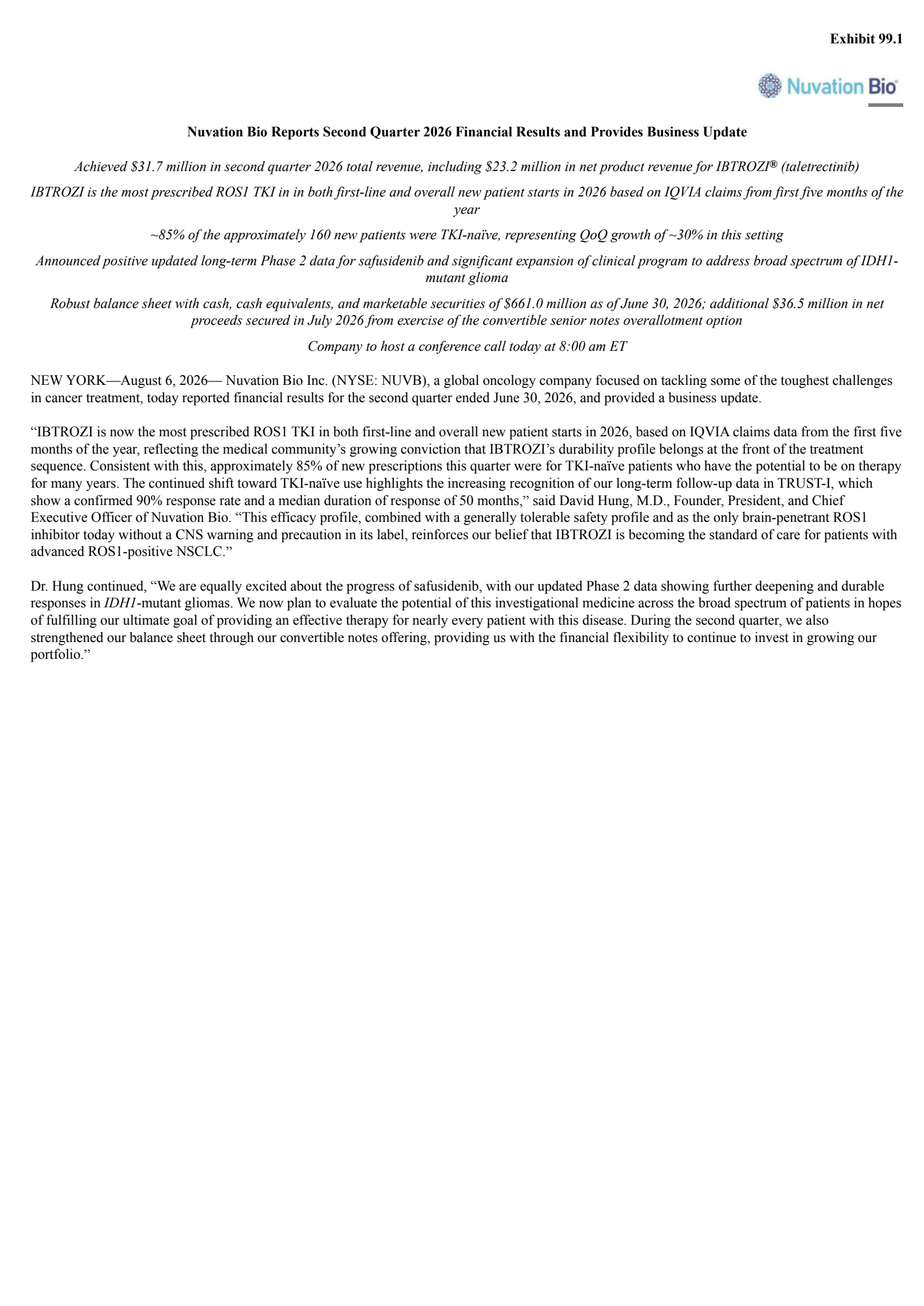 Nuvation Bio's Q2 2026 Press Release