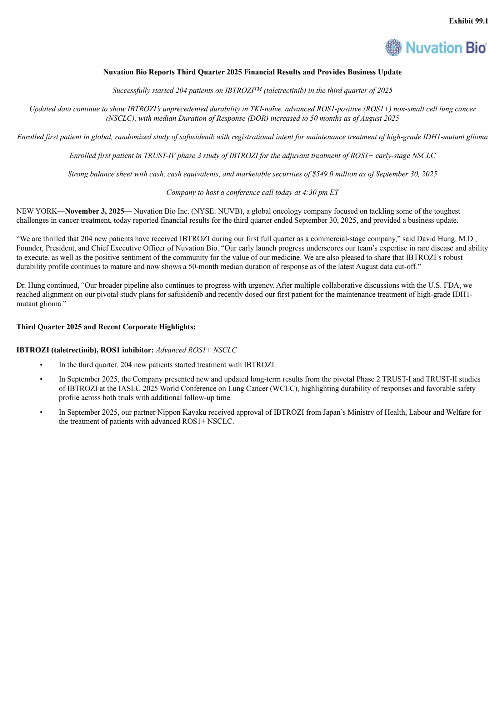 Nuvation Bio's Q3 2025 Earnings Release