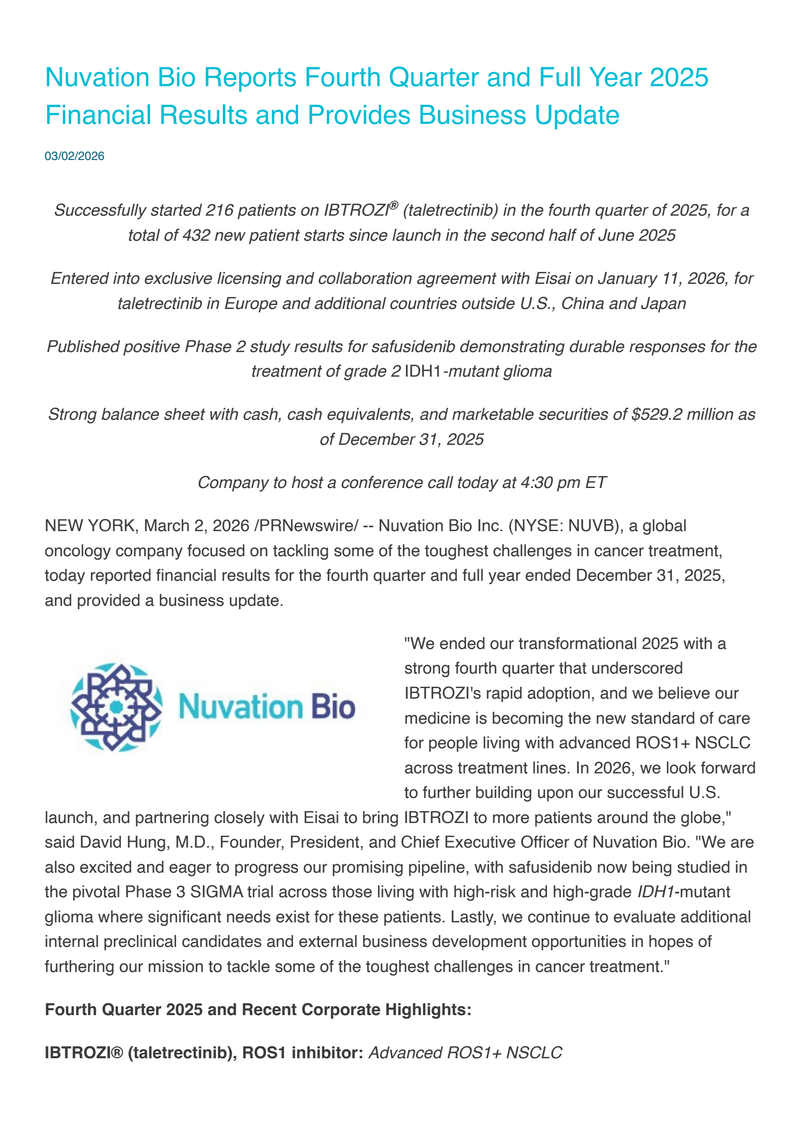 Nuvation Bio's Q4 2025 Press Release