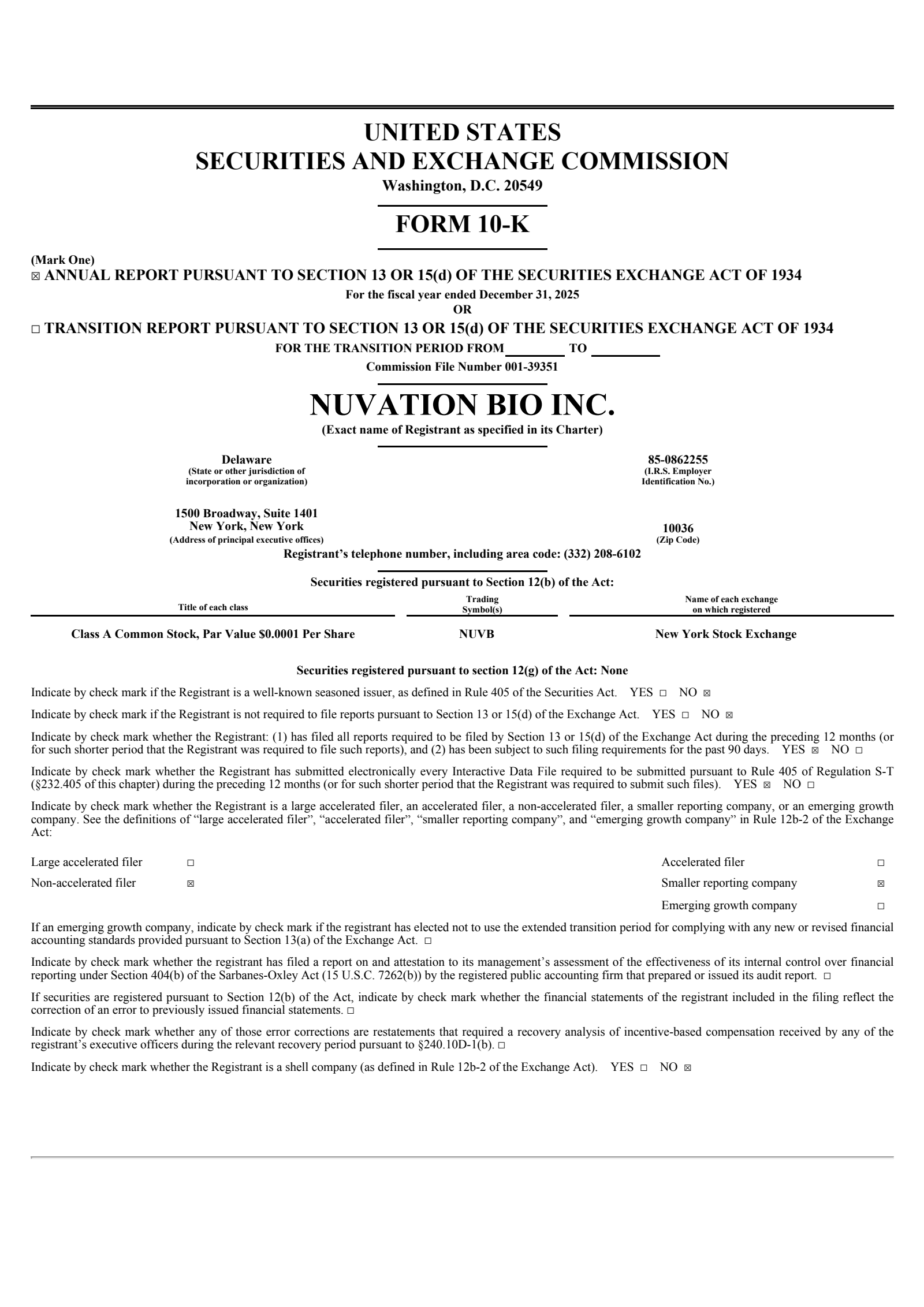 Nuvation Bio's Q4 2025 Annual report