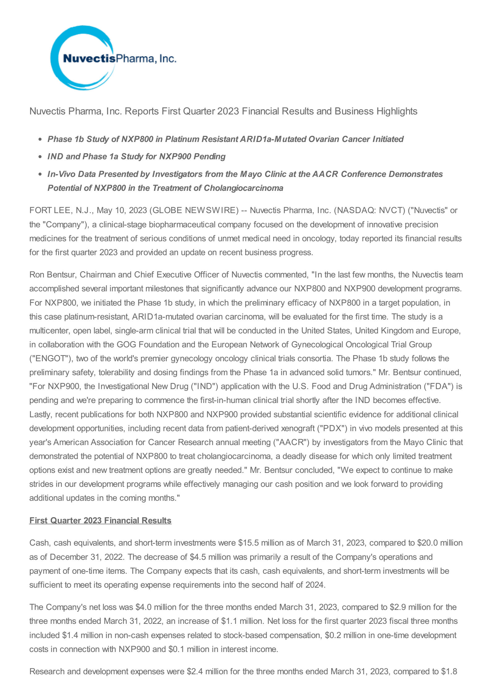 Nuvectis Pharma's Q1 2023 Press Release
