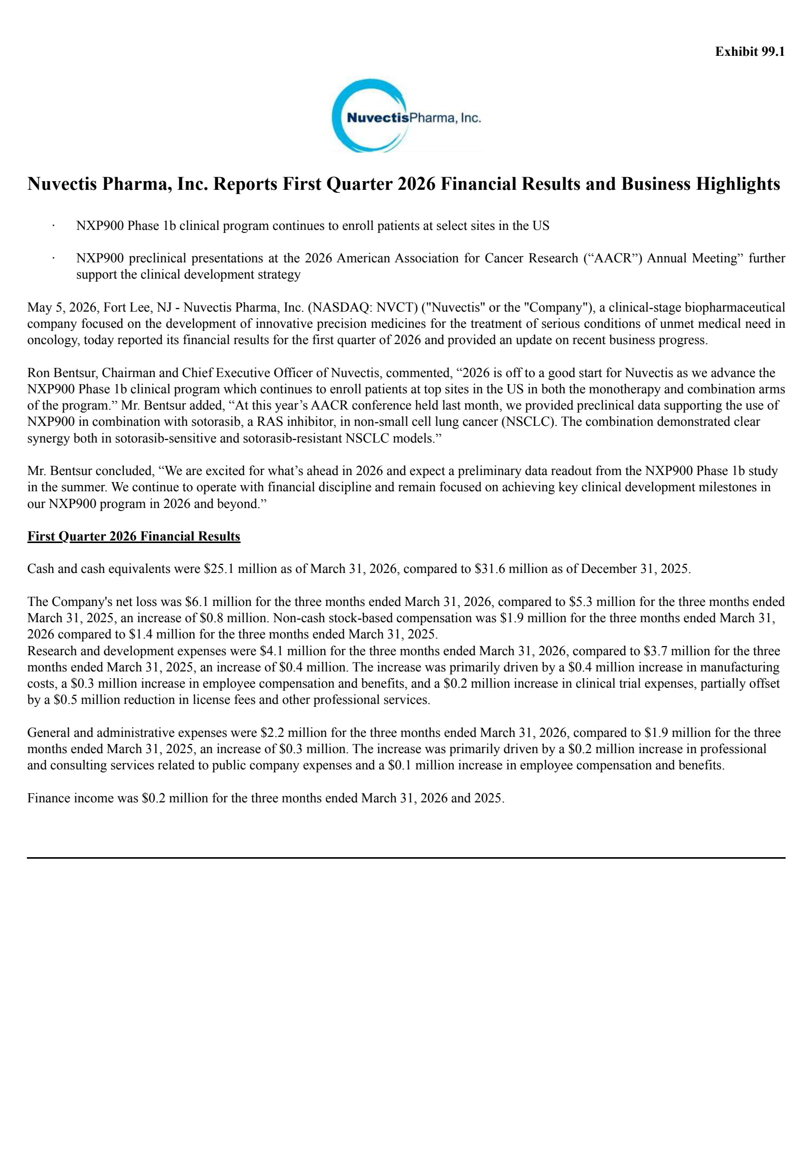 Nuvectis Pharma's Q1 2026 Press Release