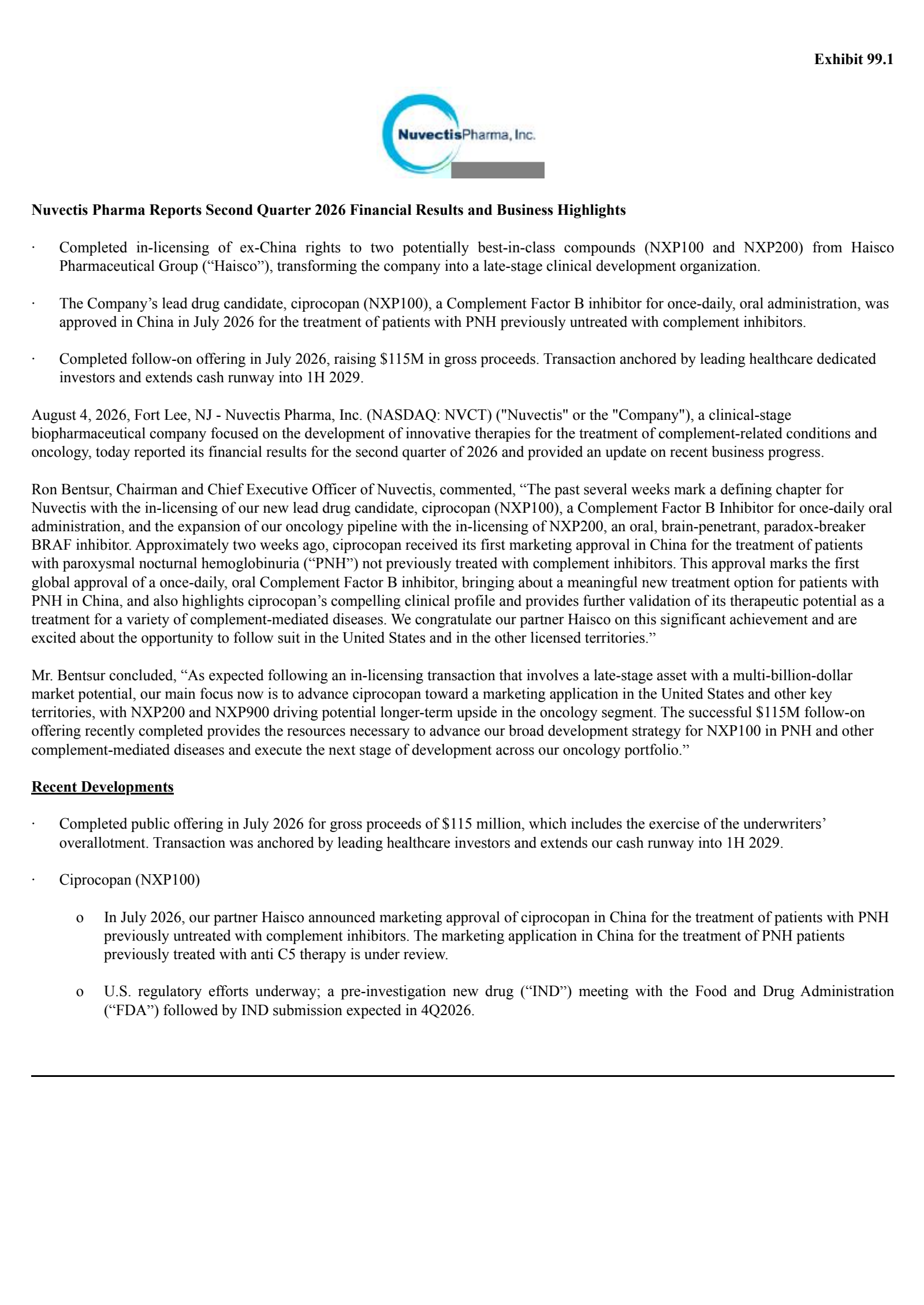 Nuvectis Pharma's Q2 2026 Press Release