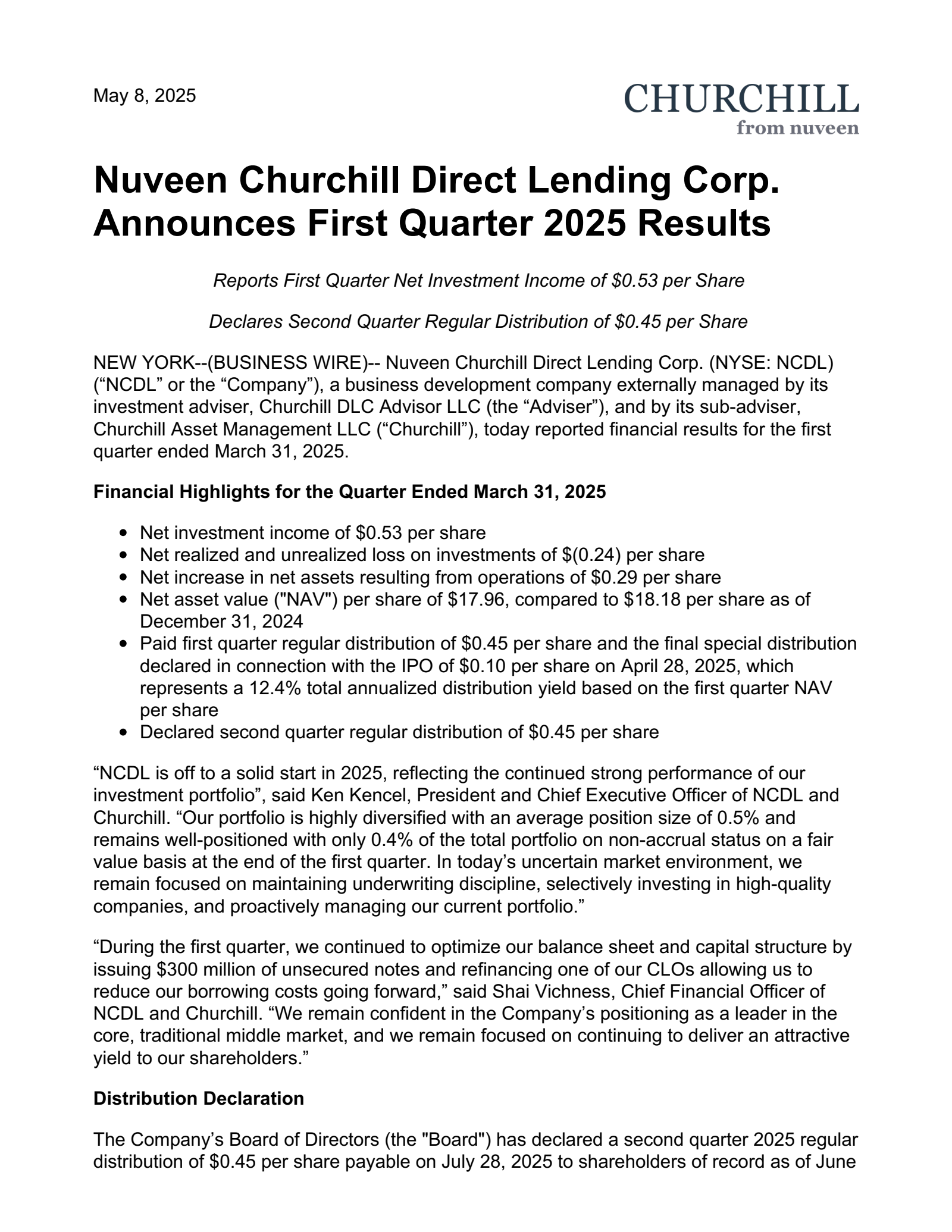Nuveen Churchill Direct Lending's Q1 2025 Press Release