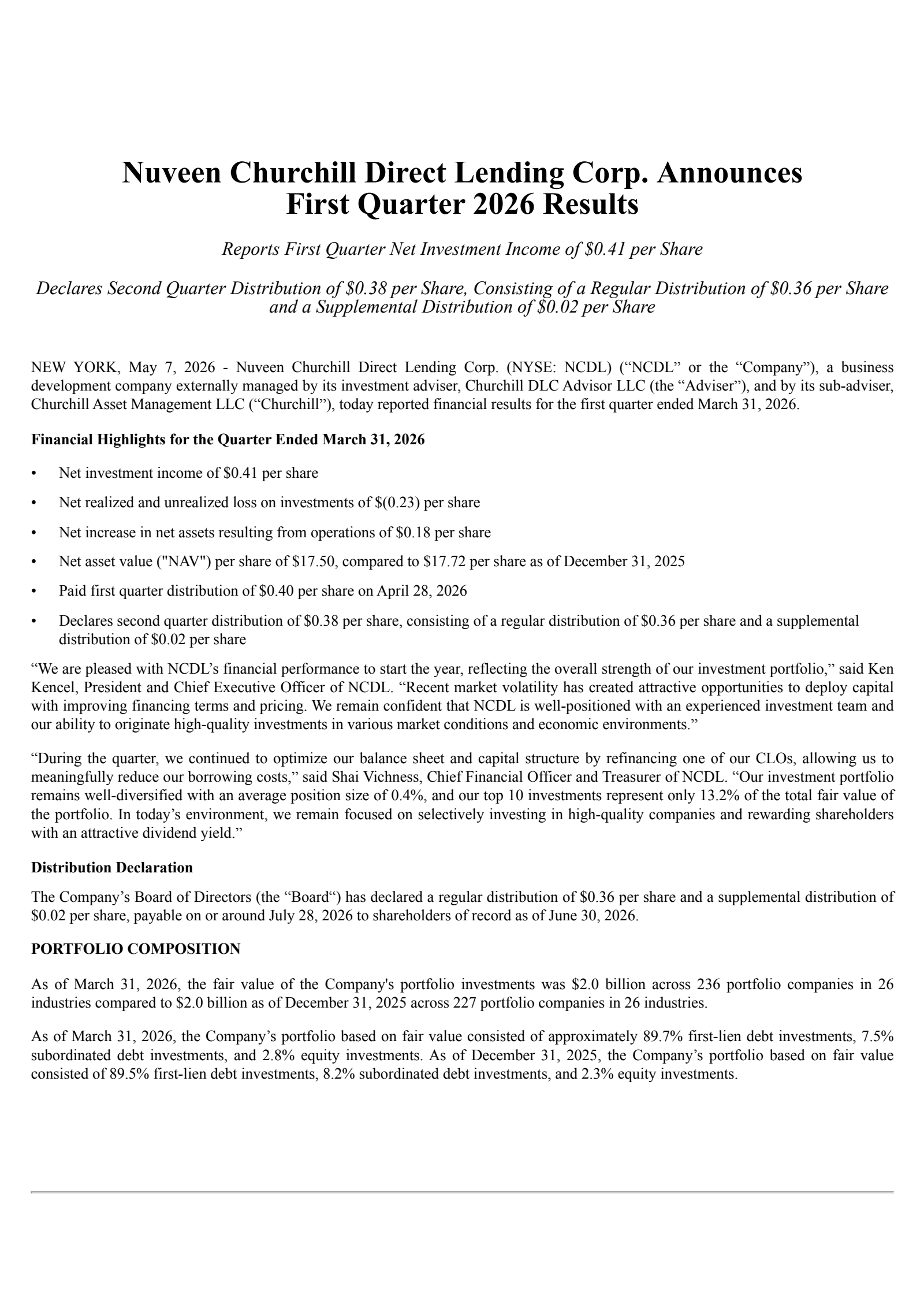 Nuveen Churchill Direct Lending's Q1 2026 Press Release