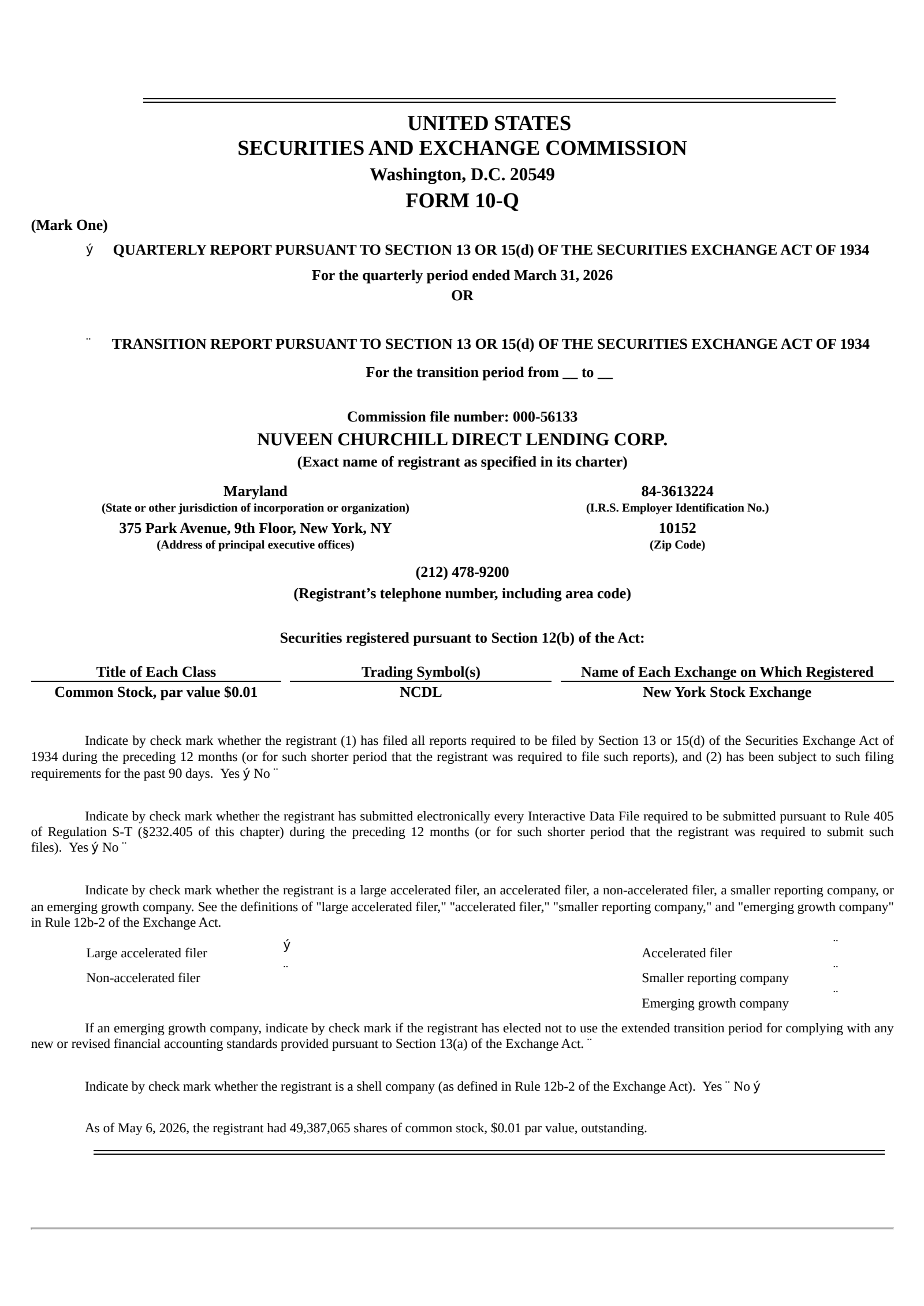Nuveen Churchill Direct Lending's Q1 2026 Quarterly report