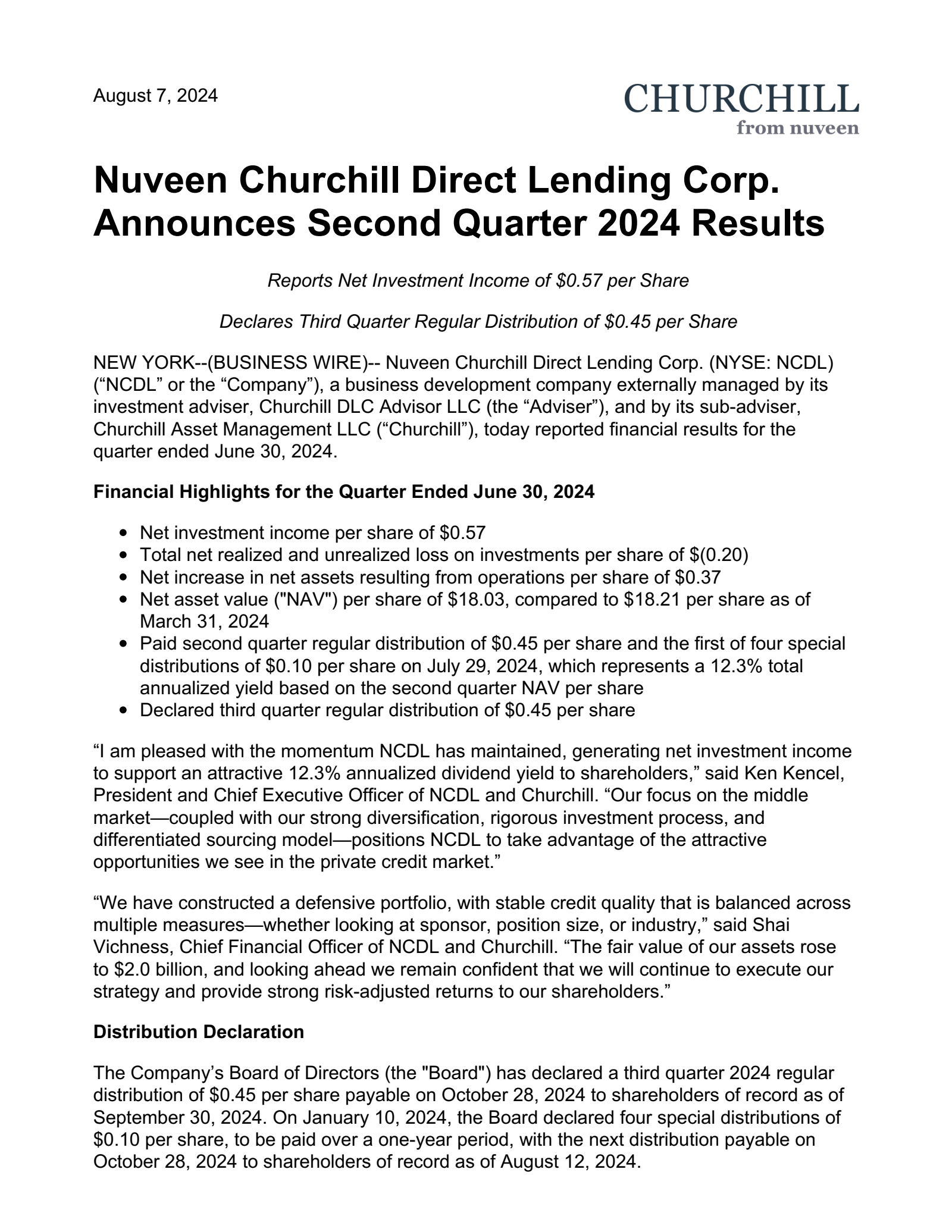 Nuveen Churchill Direct Lending's Q2 2024 Press Release