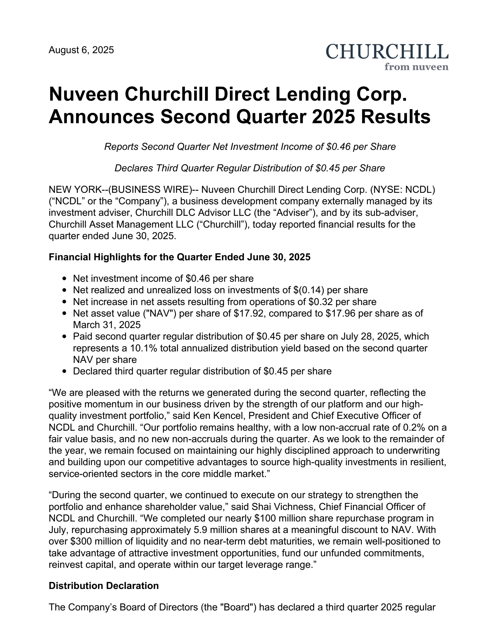 Nuveen Churchill Direct Lending's Q2 2025 Press Release