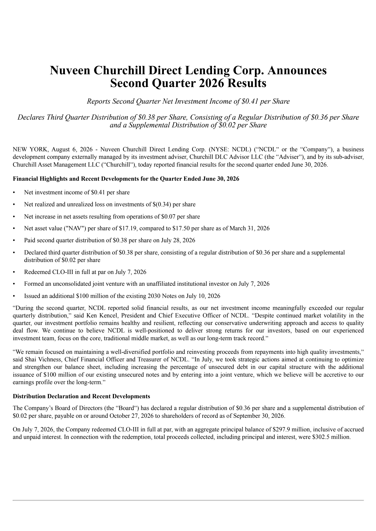 Nuveen Churchill Direct Lending's Q2 2026 Press Release