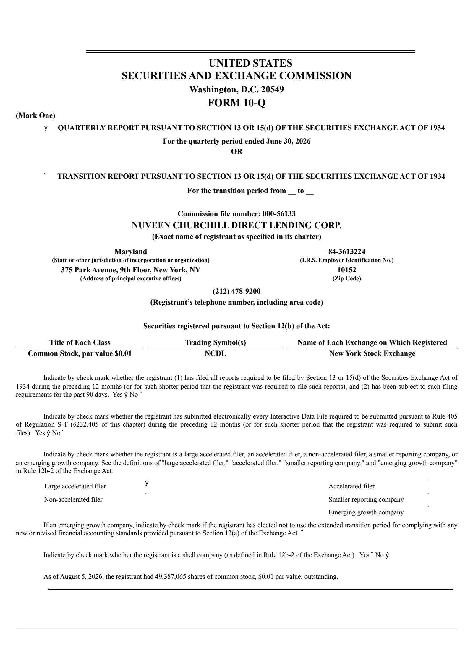 Nuveen Churchill Direct Lending's Q2 2026 Quarterly report
