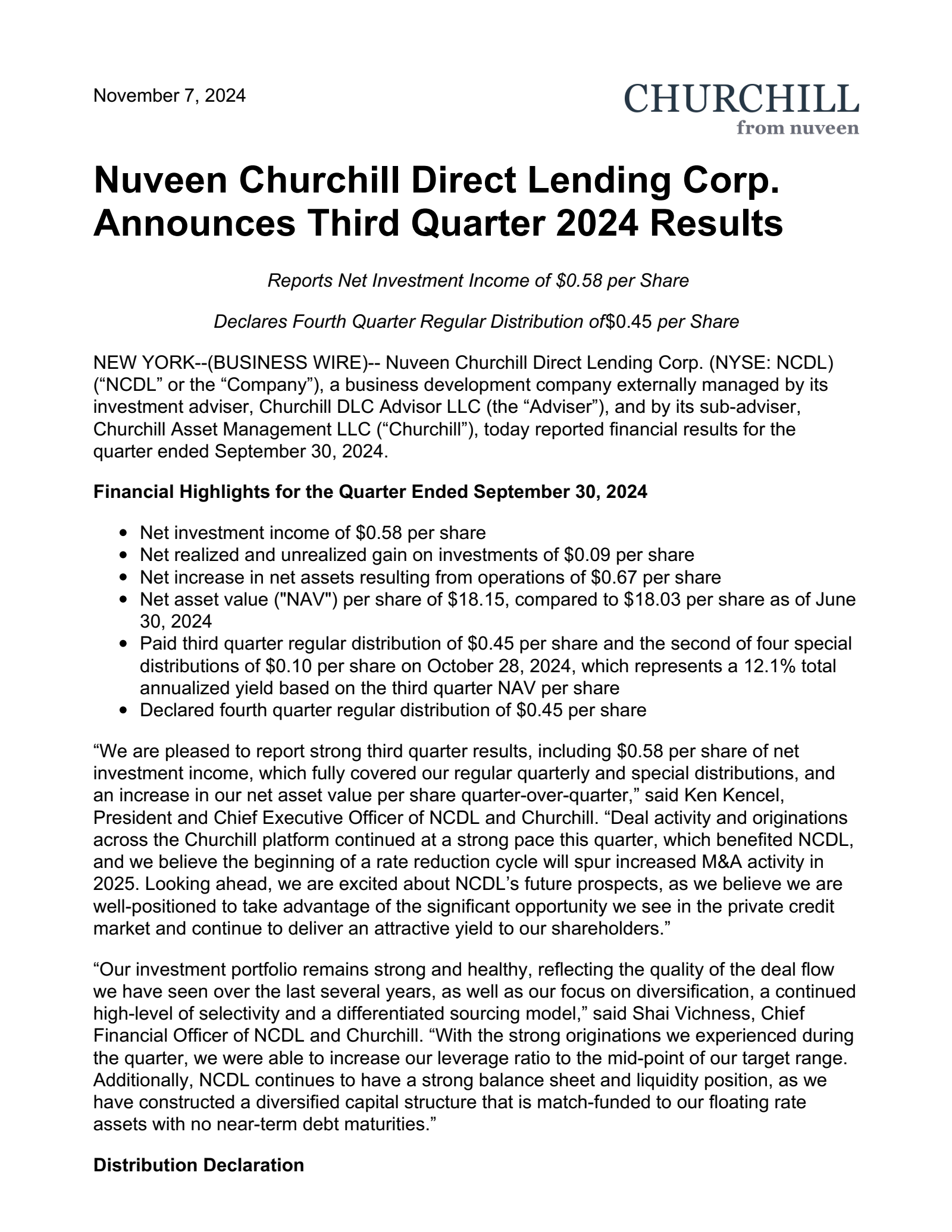 Nuveen Churchill Direct Lending's Q3 2024 Press Release