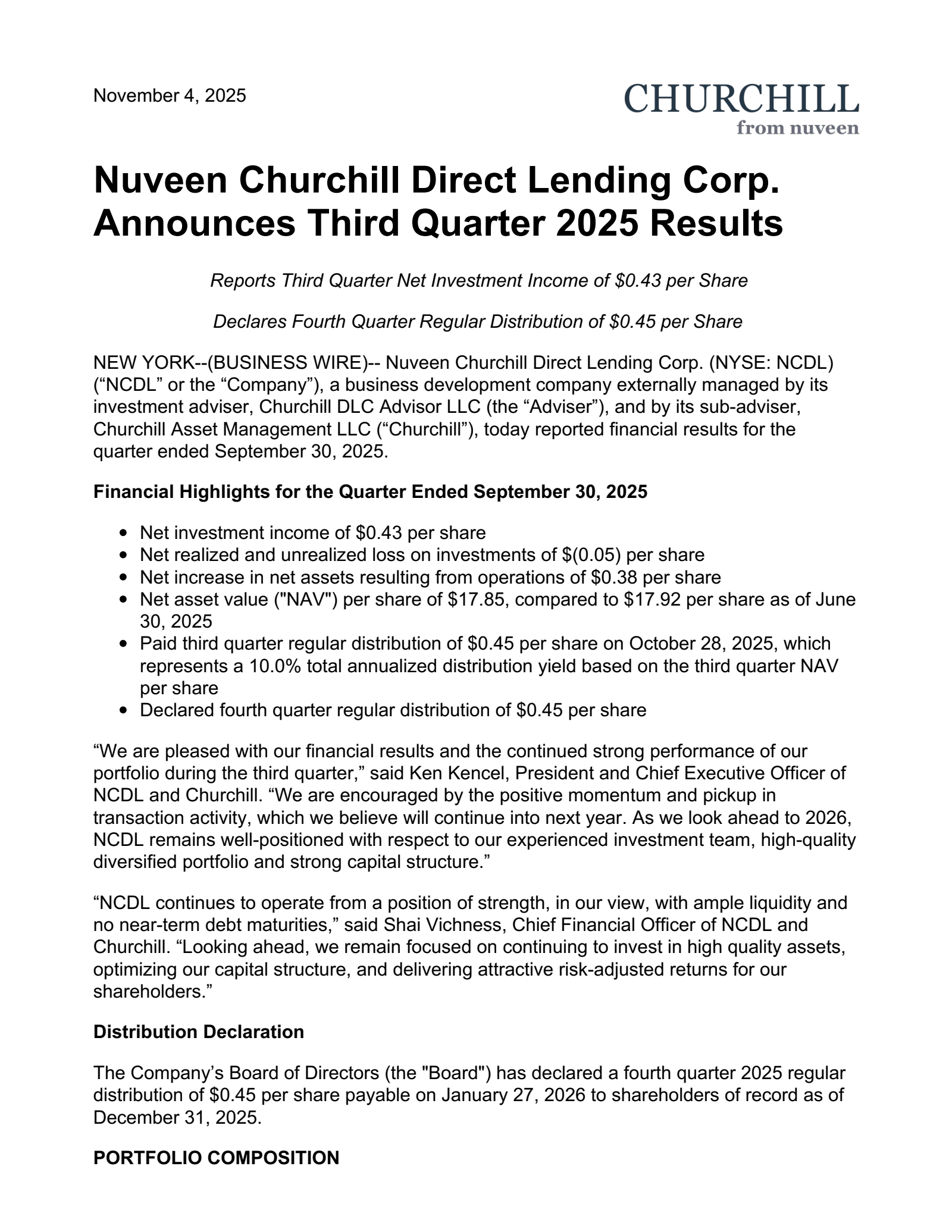 Nuveen Churchill Direct Lending's Q3 2025 Press Release
