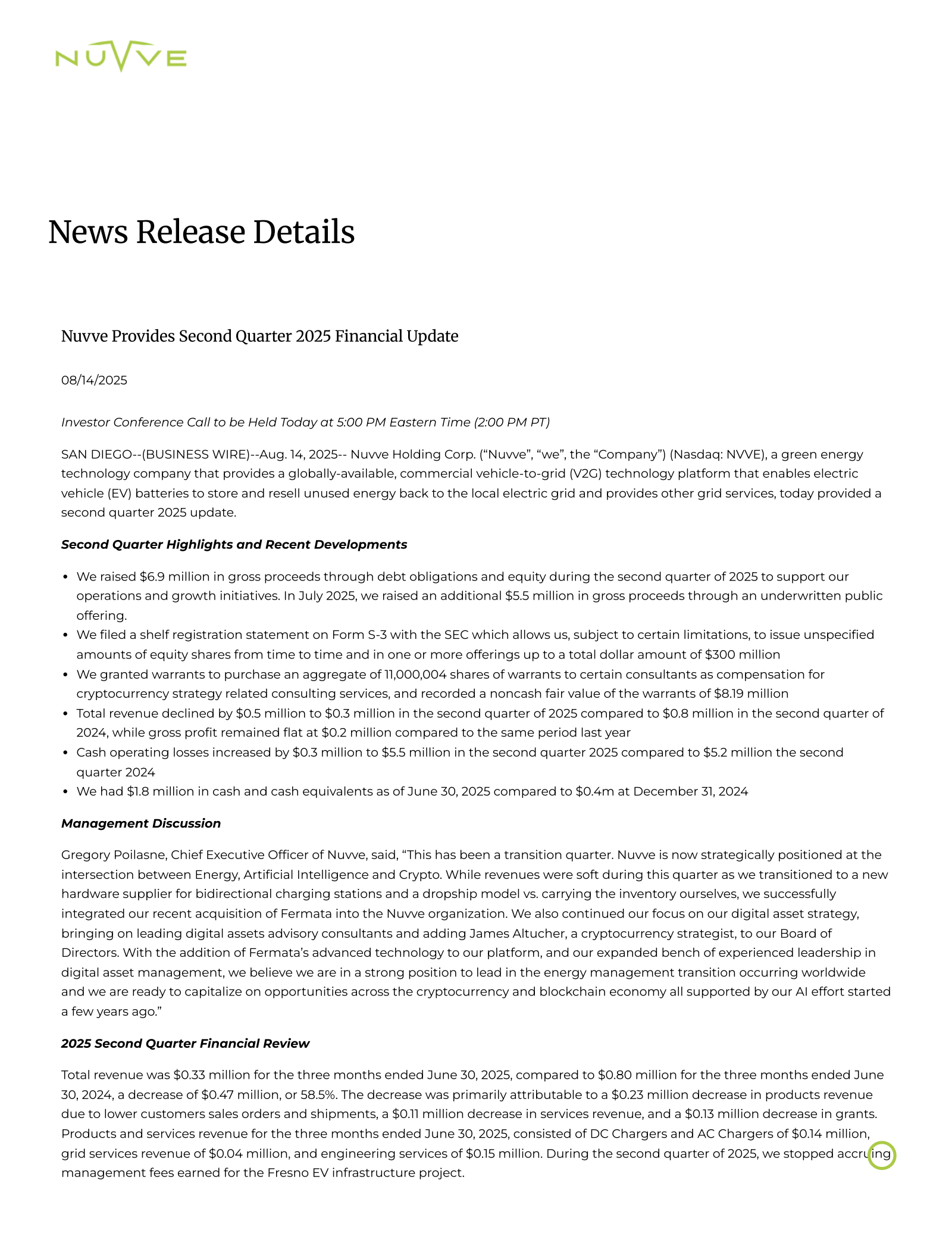 Nuvve's Q2 2025 Press Release