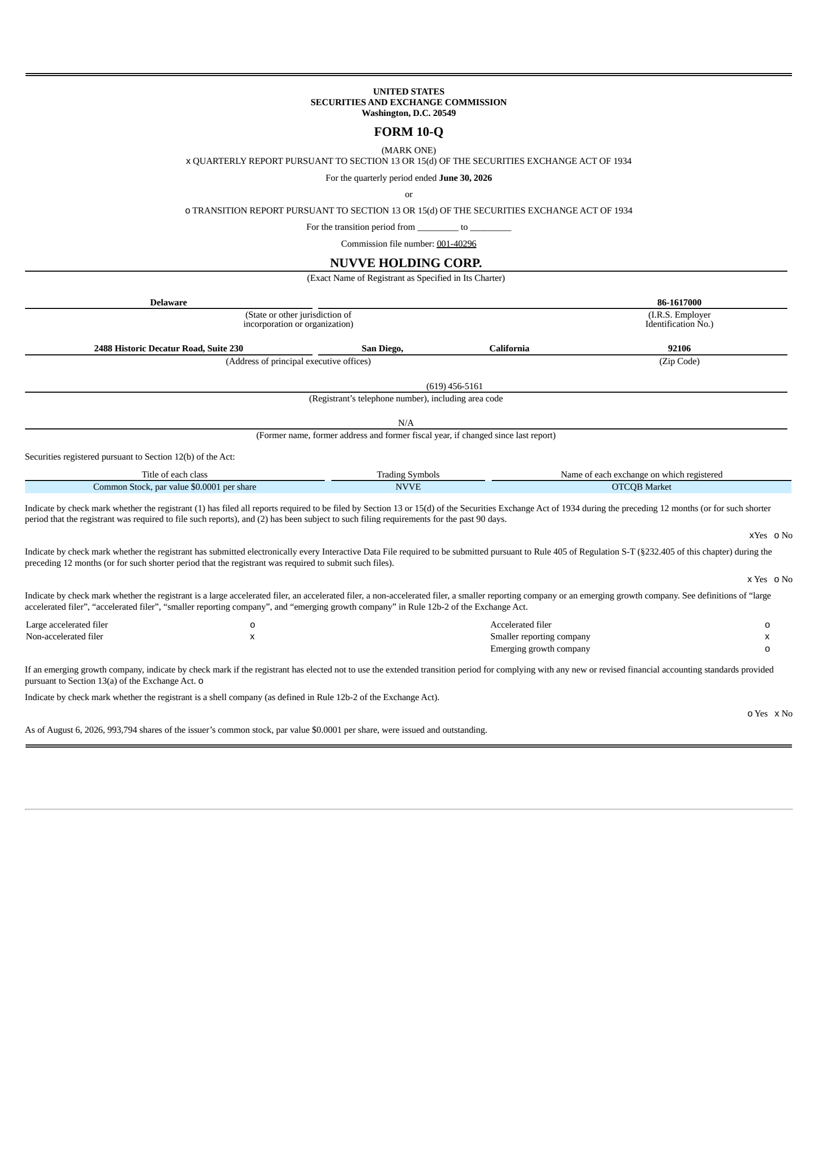 Nuvve's Q2 2026 Quarterly report