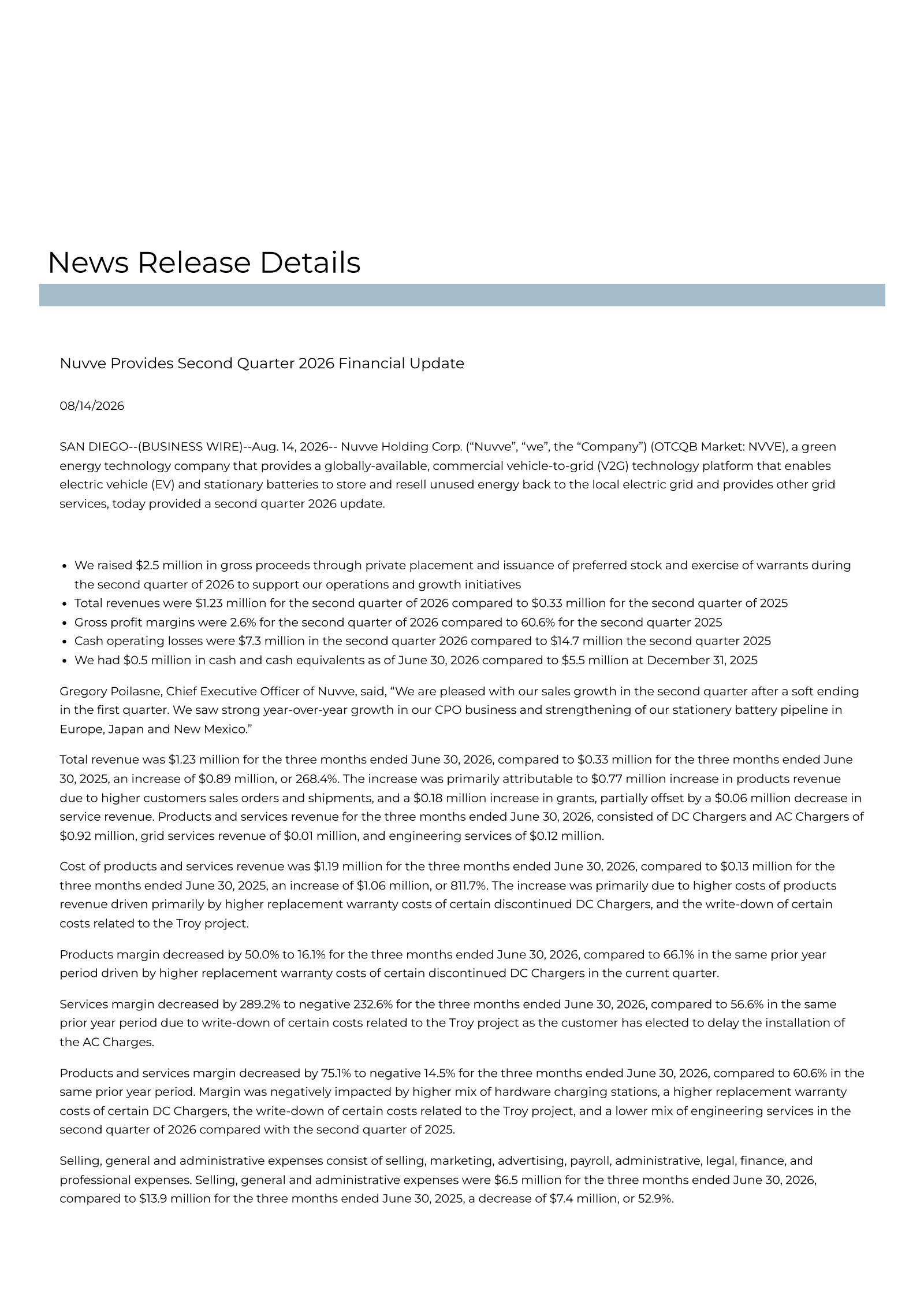 Nuvve's Q2 2026 Press Release