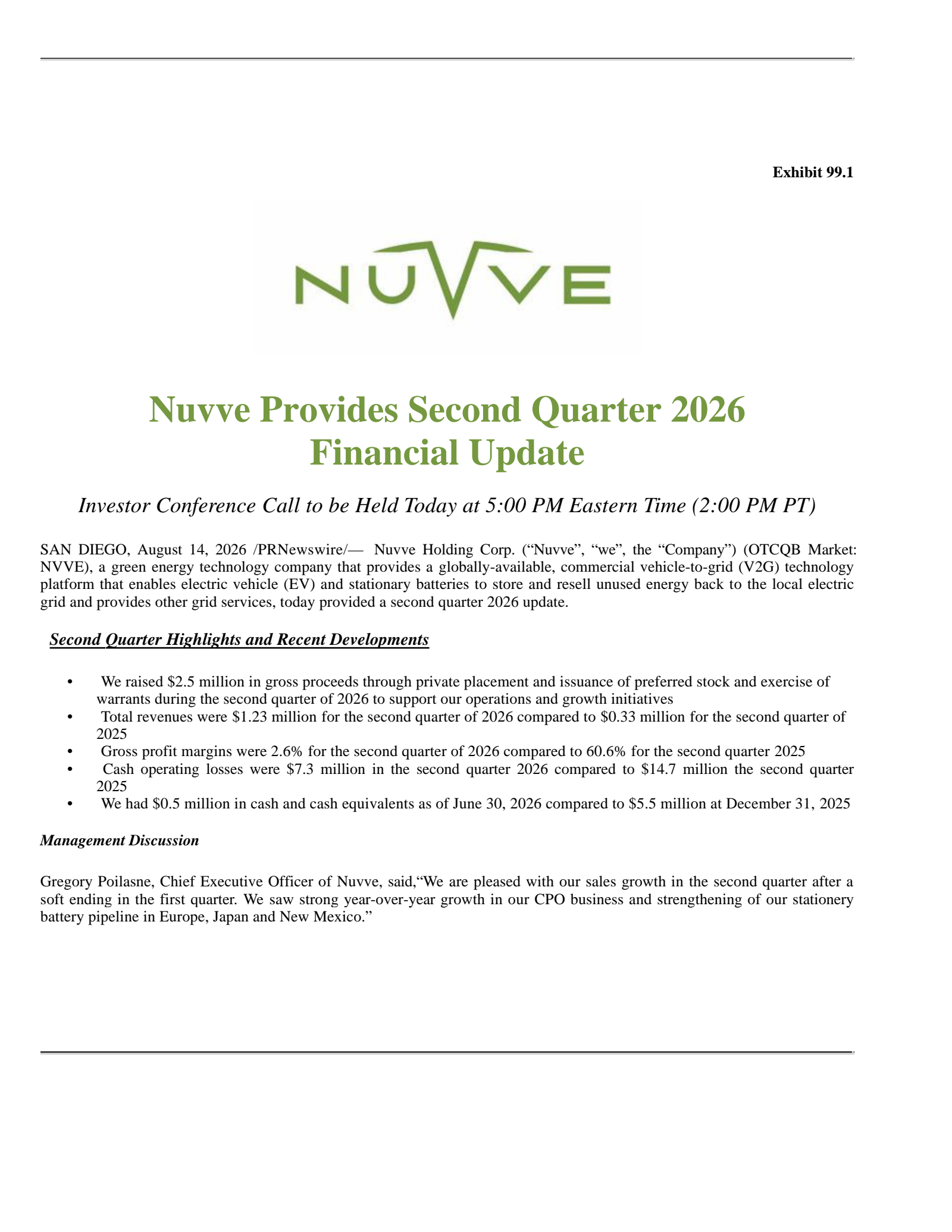 Nuvve's Q2 2026 Press Release