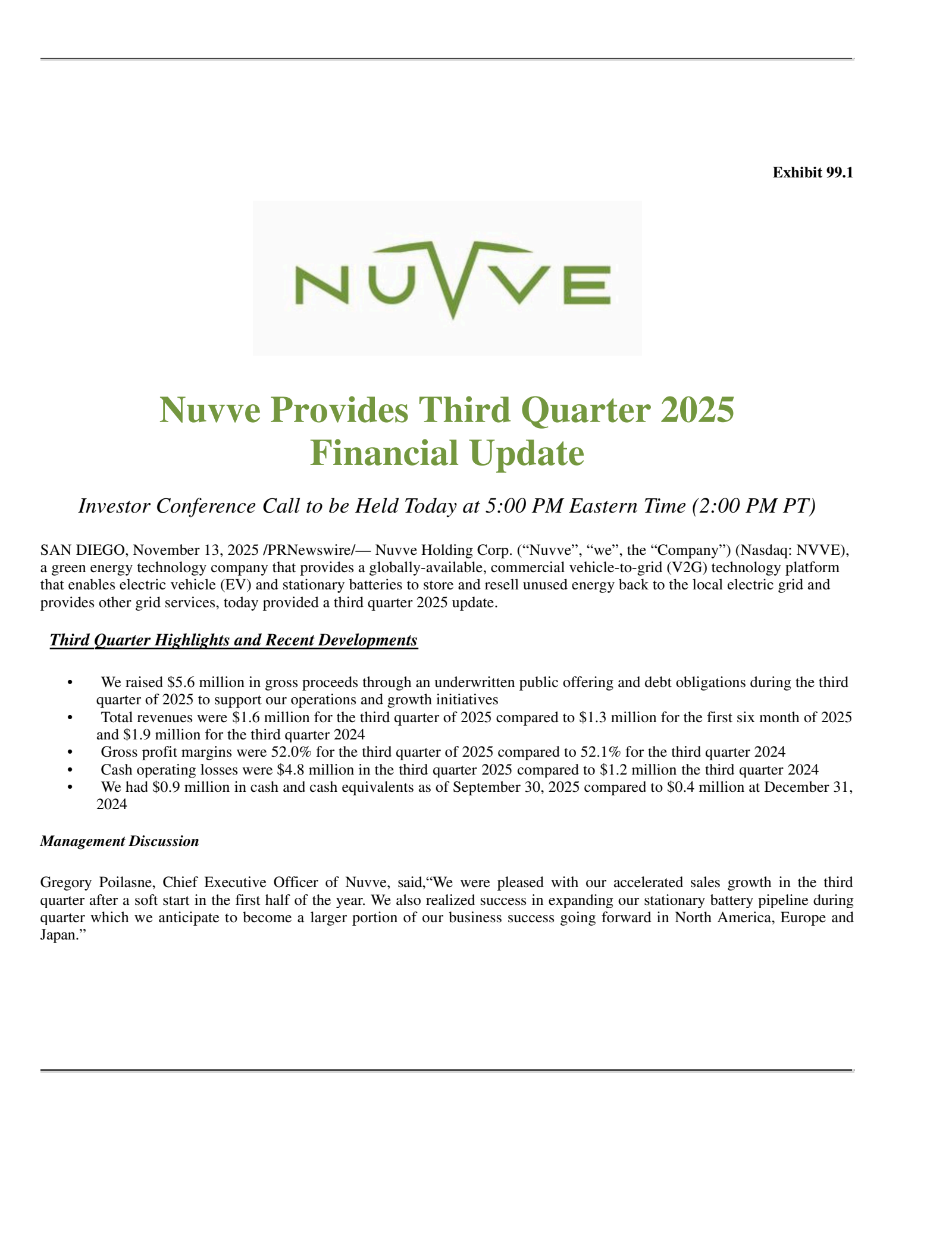 Nuvve's Q3 2025 Earnings Release