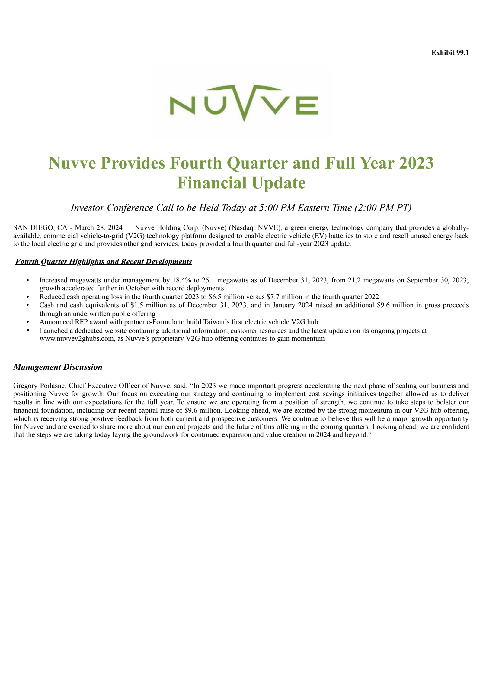 Nuvve's Q4 2023 Press Release