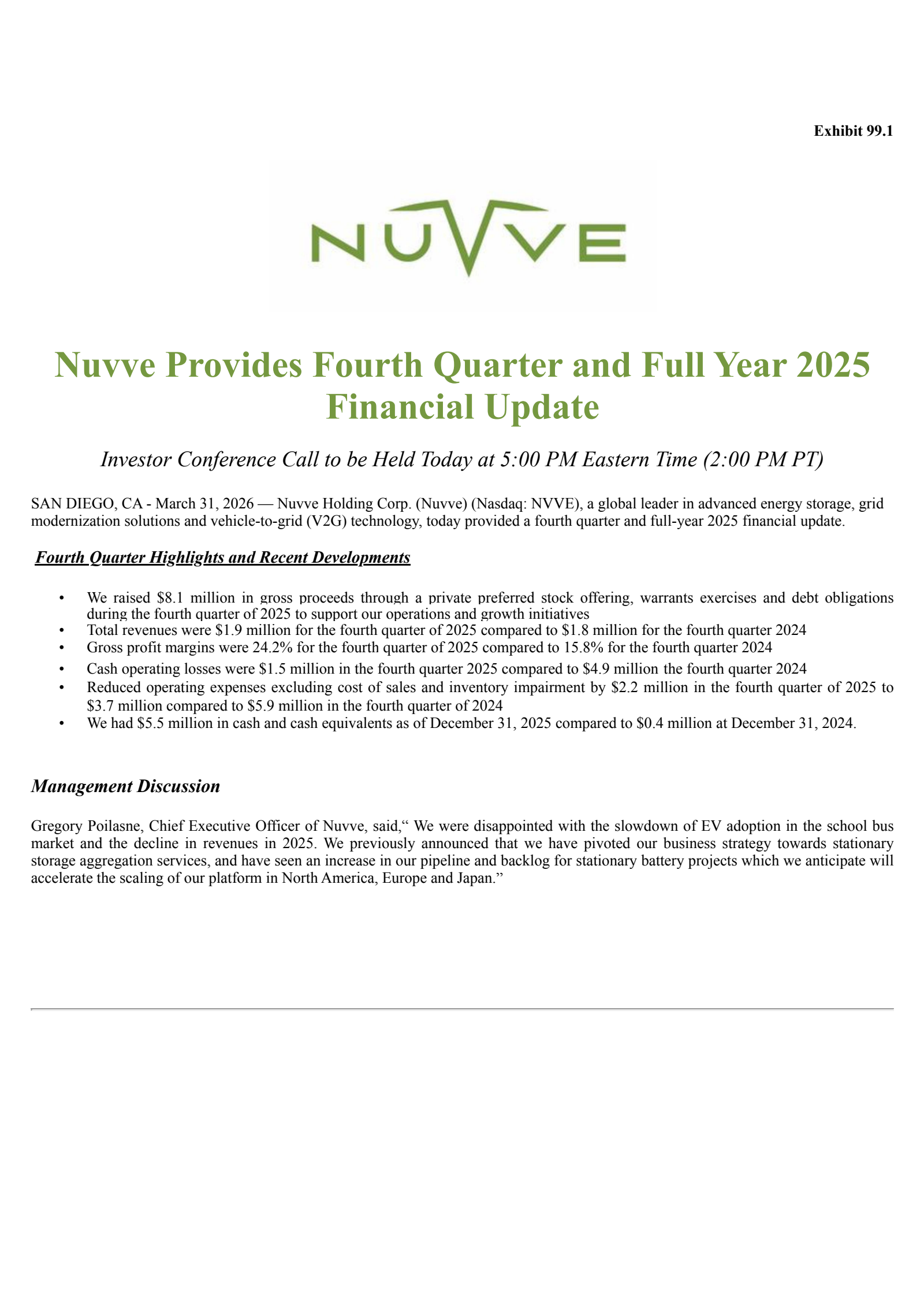 Nuvve's Q4 2025 Press Release