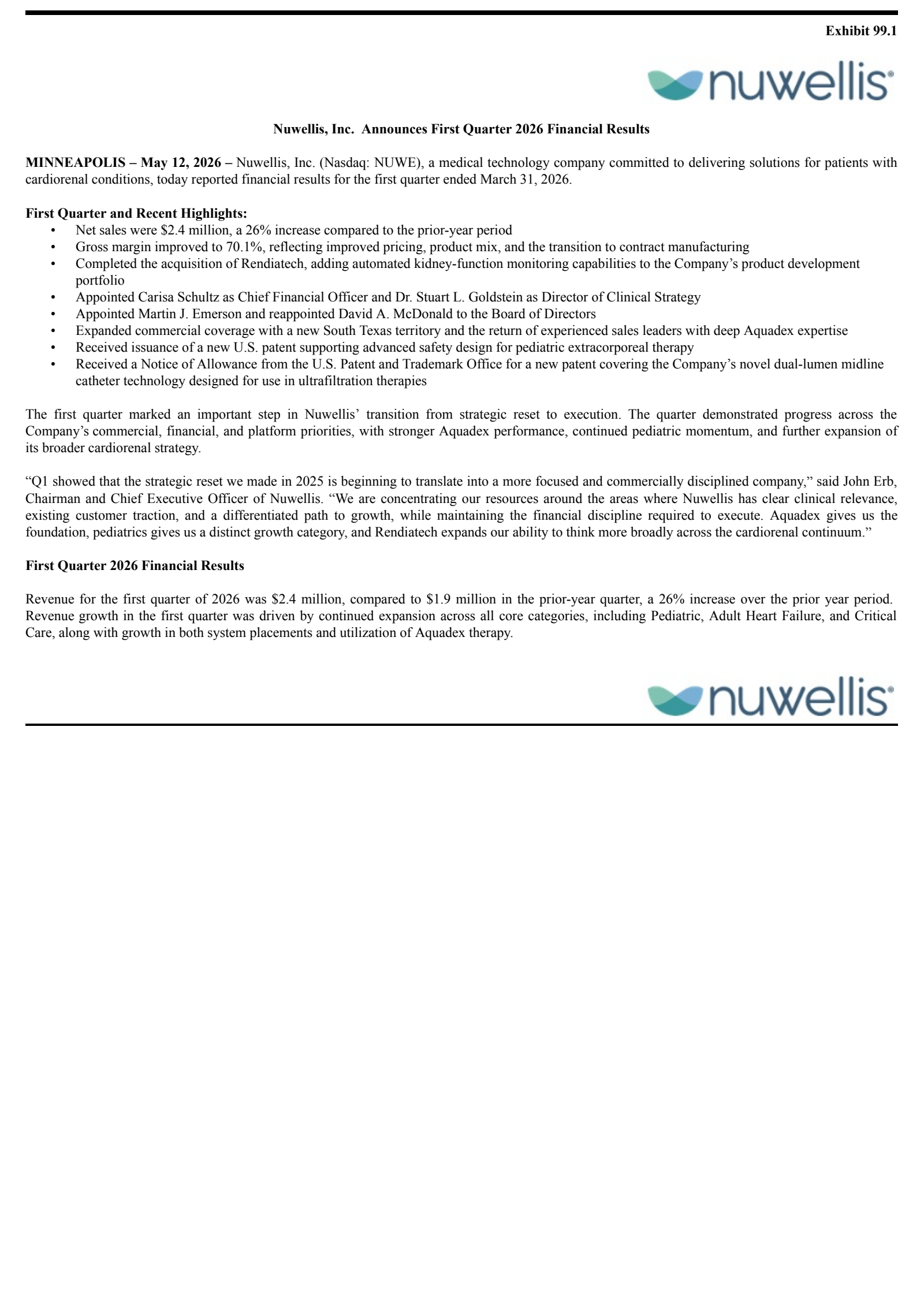 Nuwellis' Q1 2026 Press Release