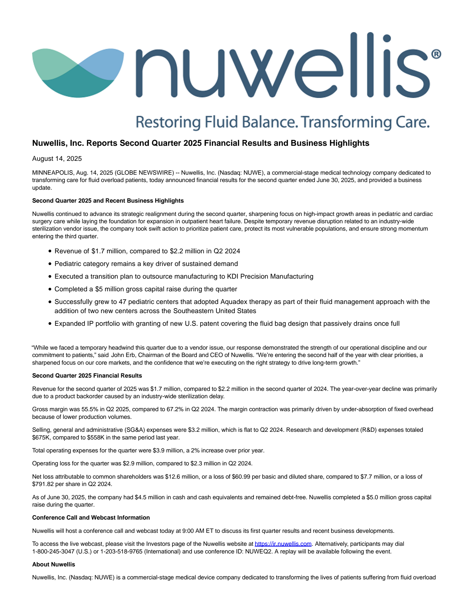 Nuwellis' Q2 2025 Press Release