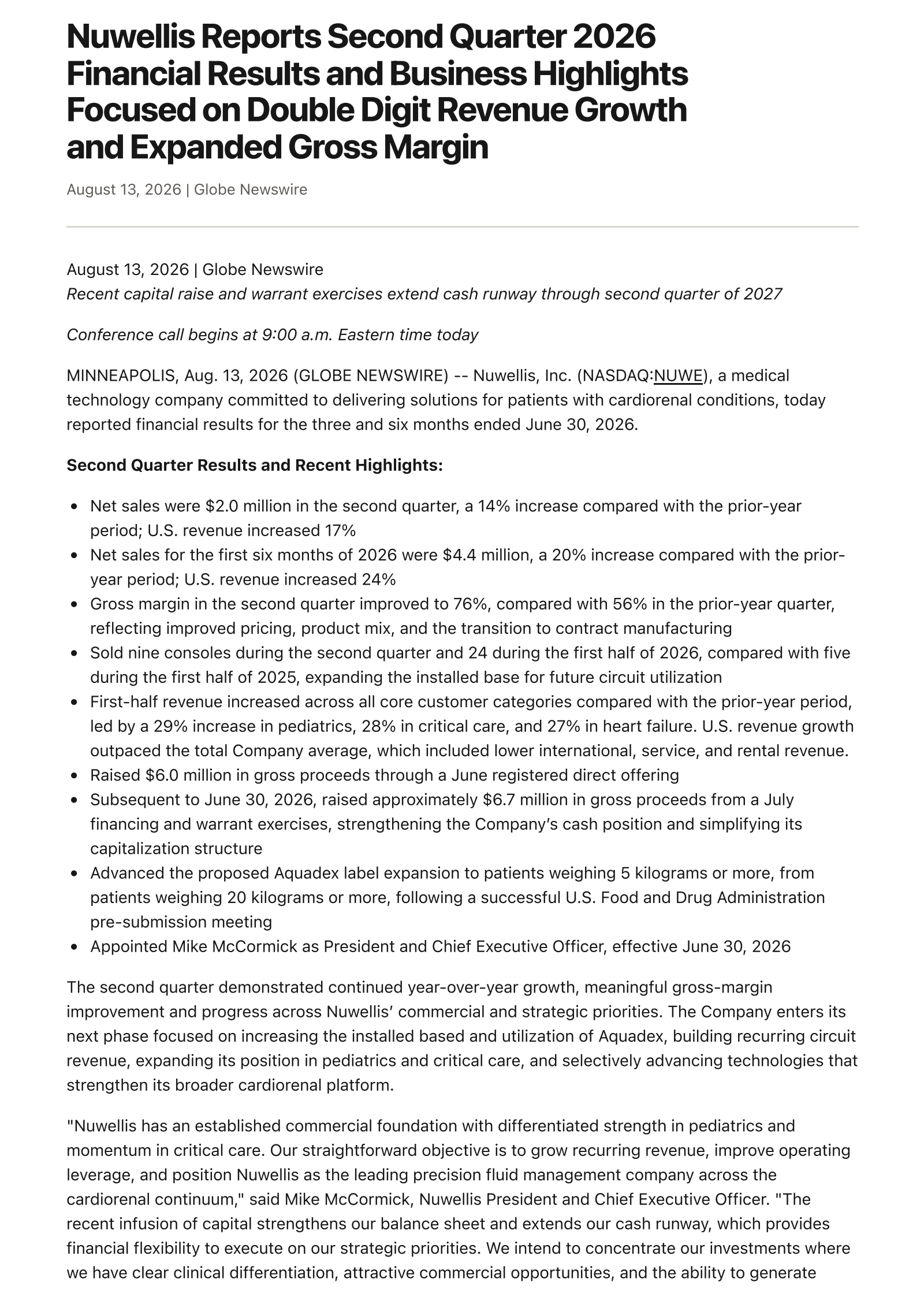 Nuwellis' Q2 2026 Press Release