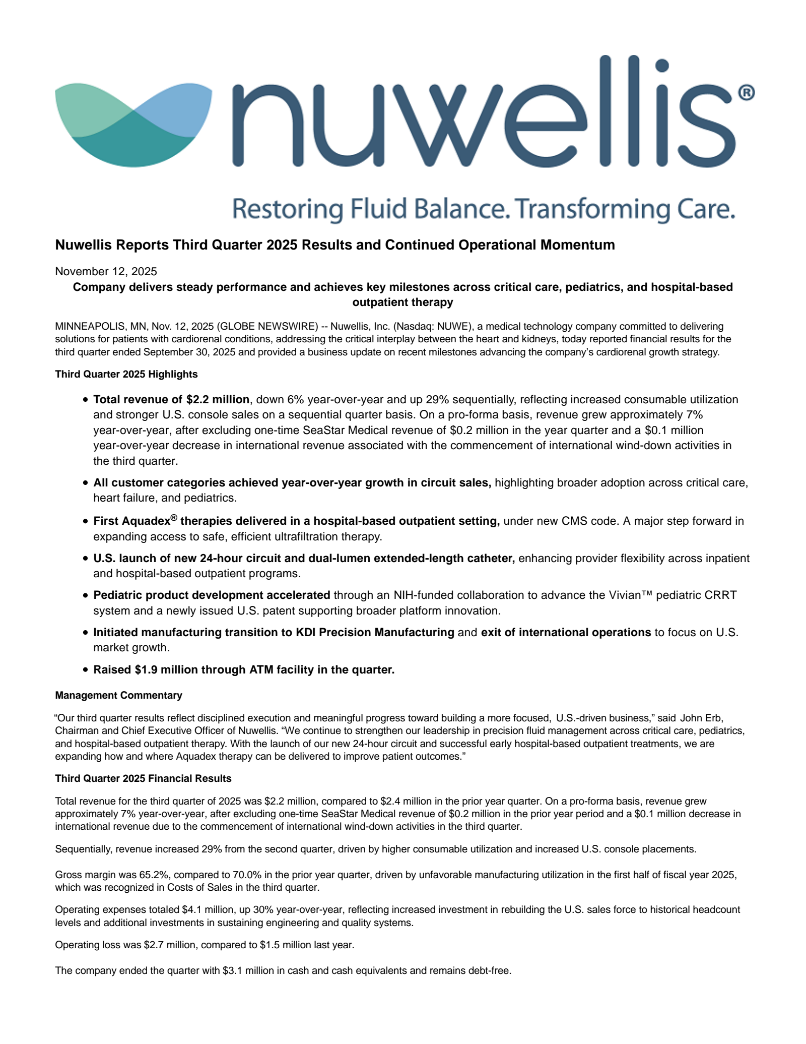Nuwellis' Q3 2025 Earnings Release