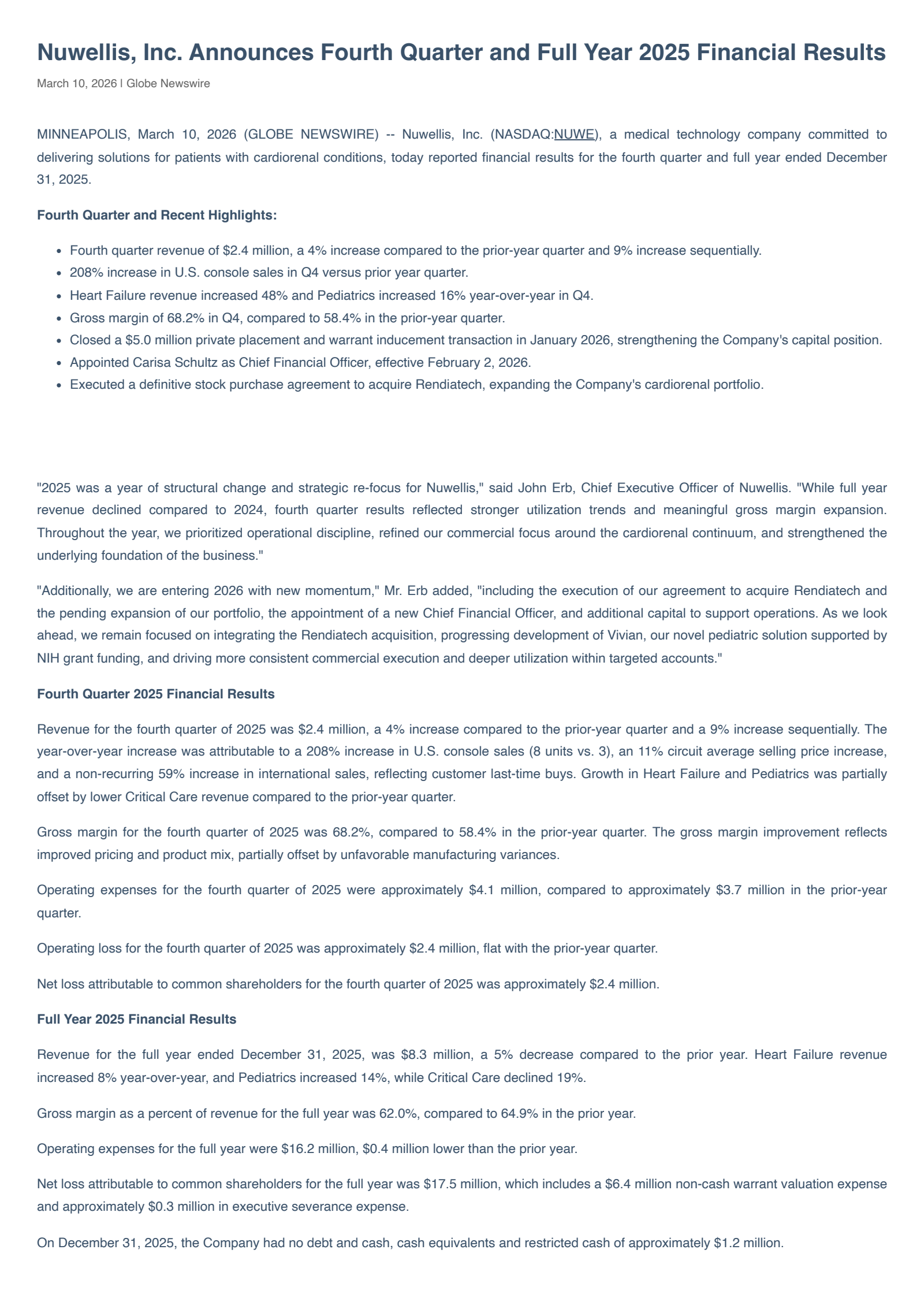 Nuwellis' Q4 2025 Press Release