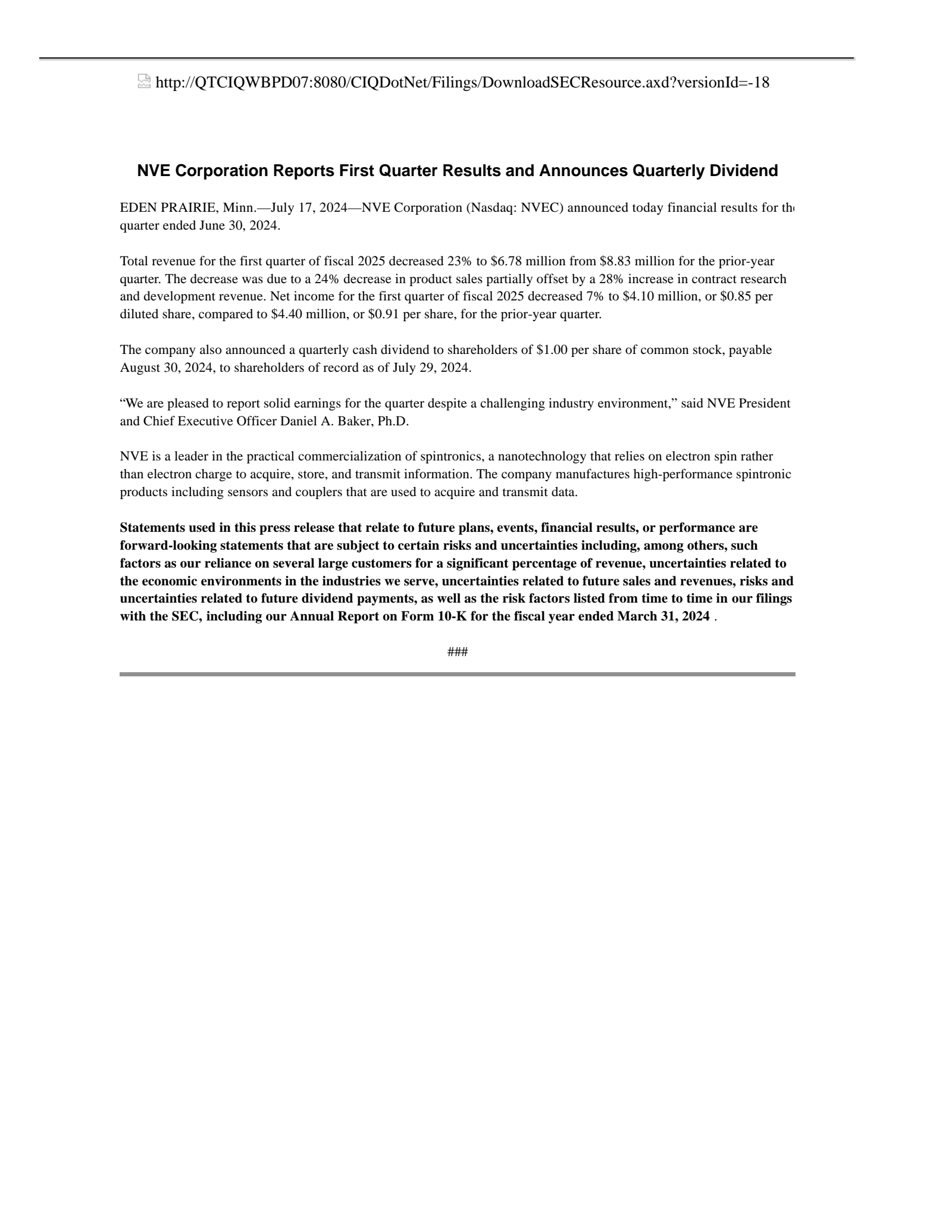 NVE's Q1 2025 Press Release