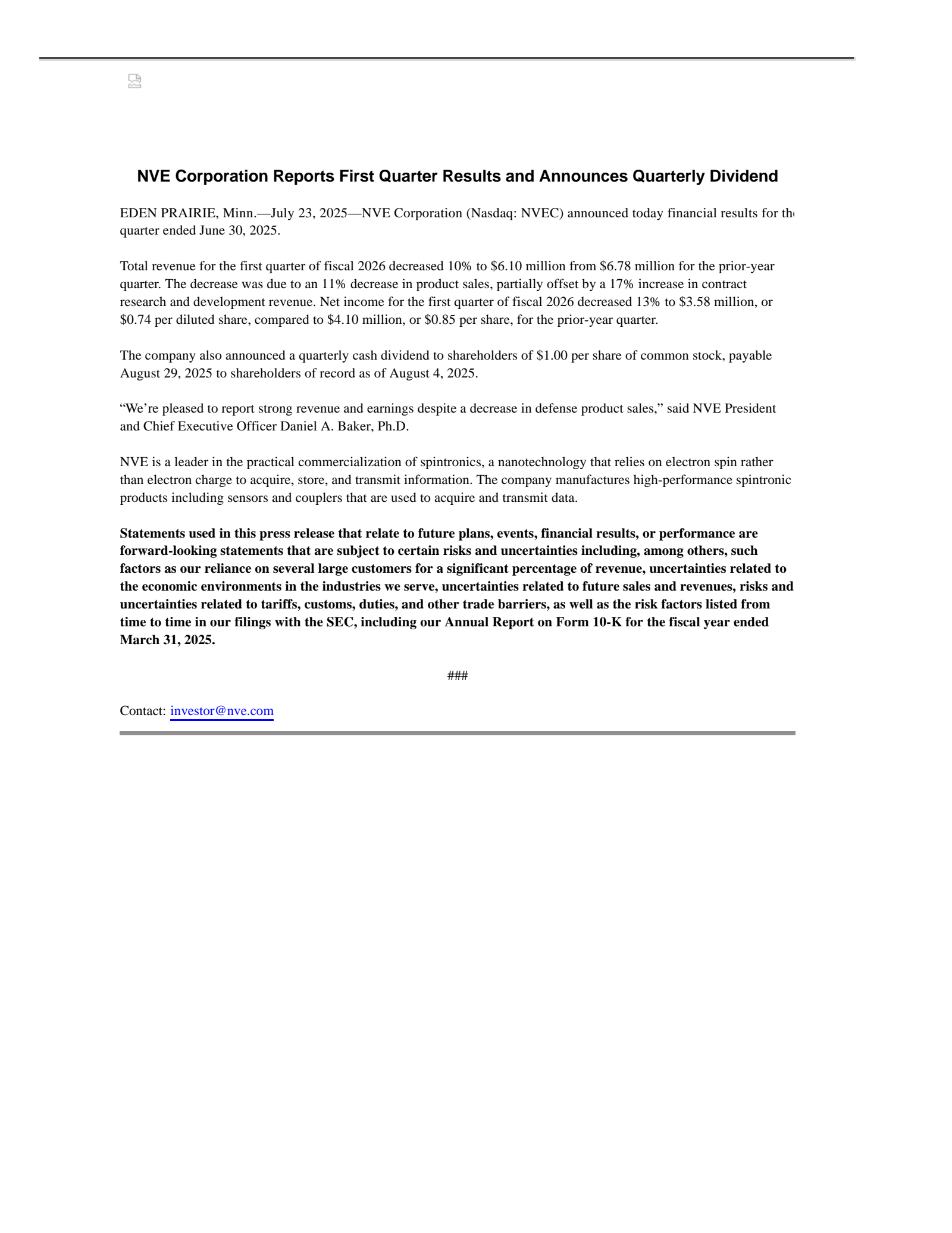 NVE's Q1 2026 Press Release
