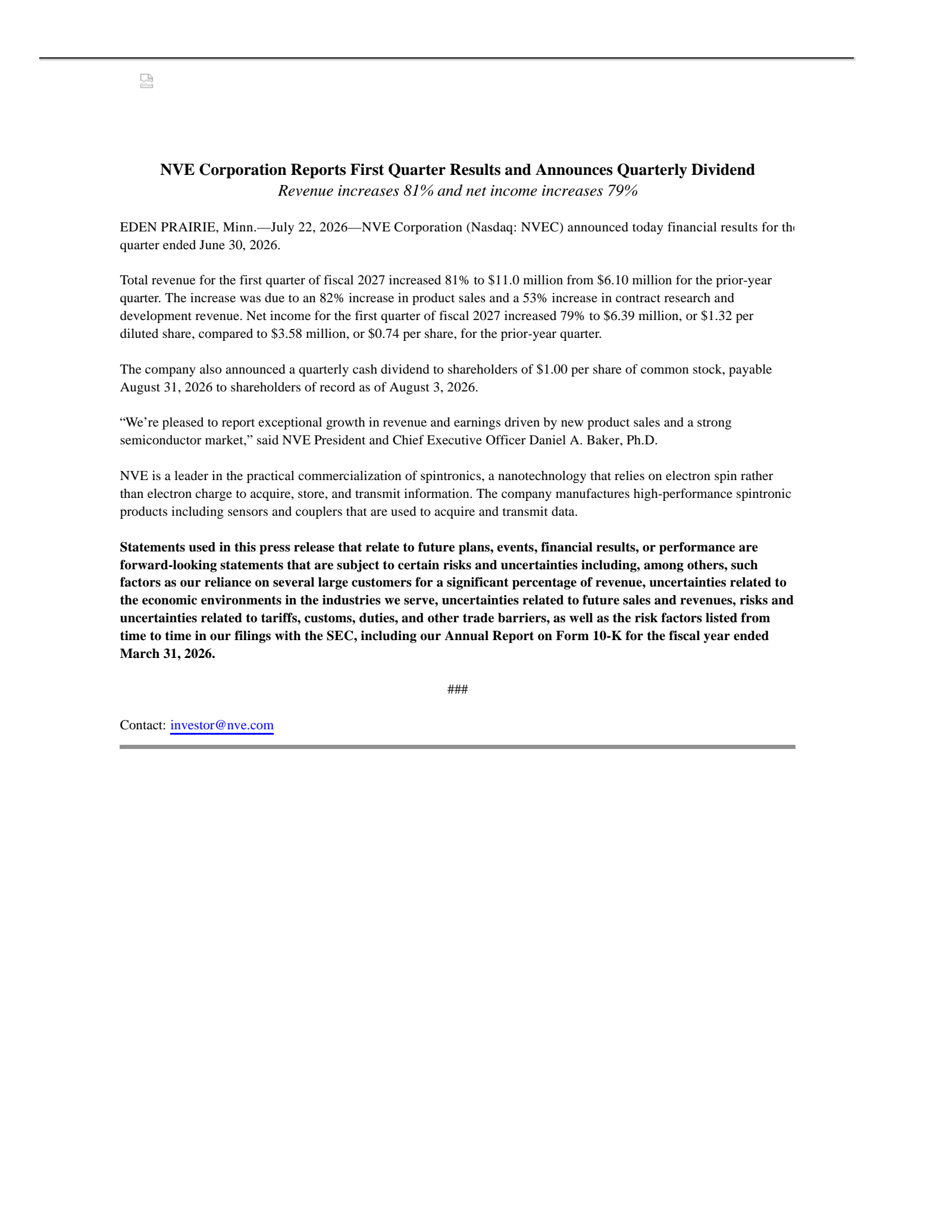 NVE's Q1 2027 Press Release