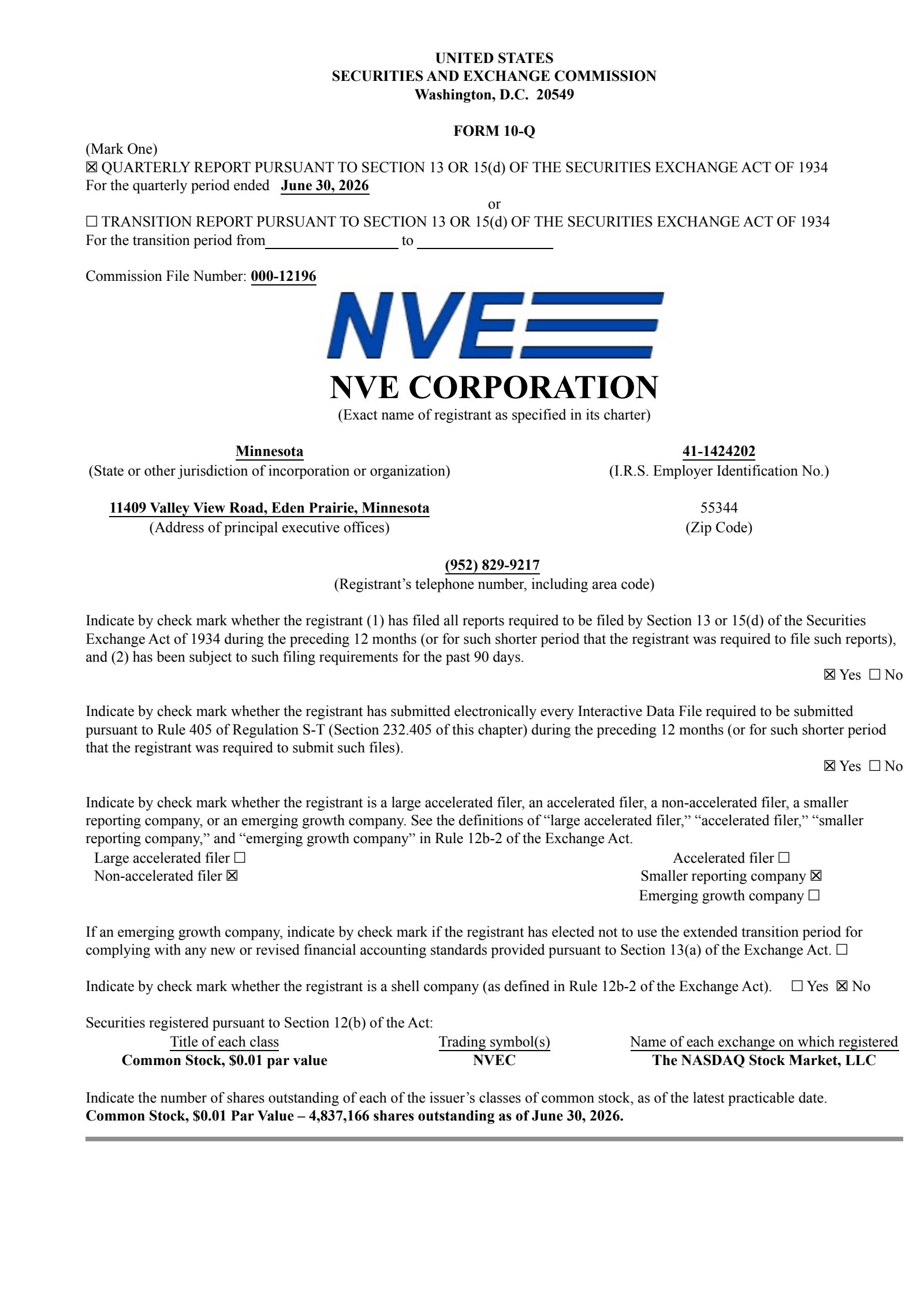 NVE's Q1 2027 Quarterly report