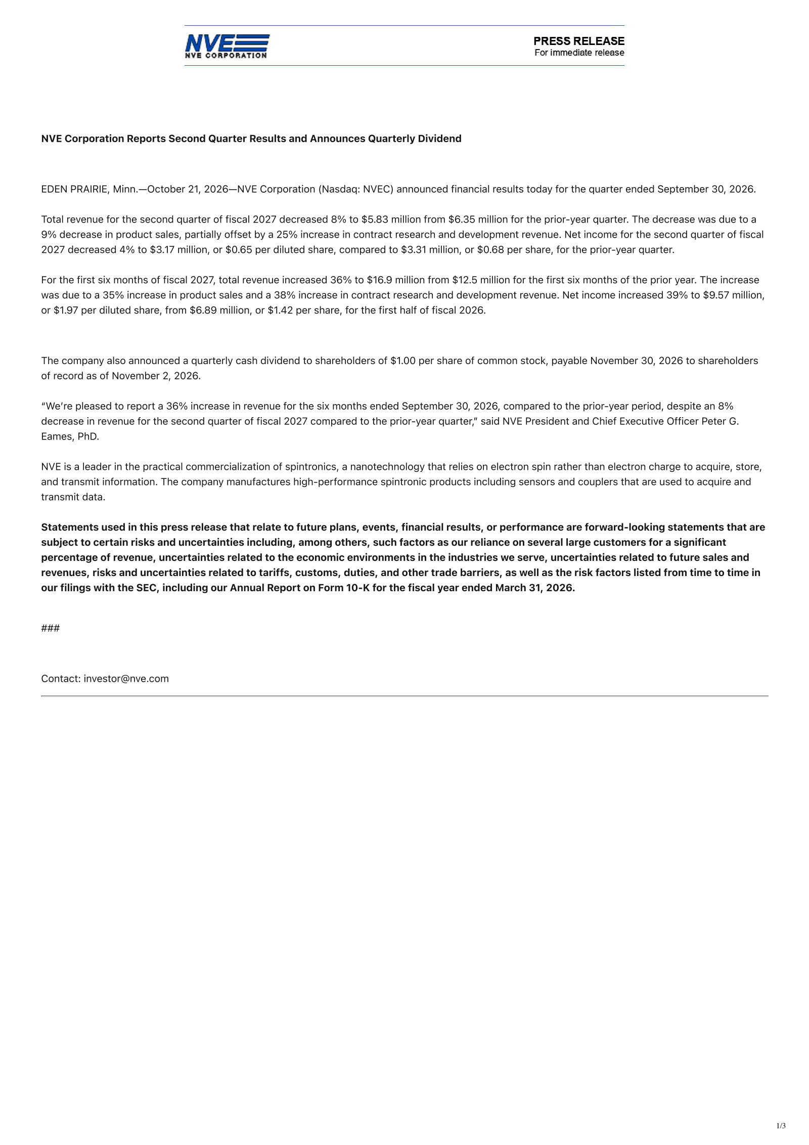 NVE (NVEC) Q2 2027 Earnings Results & Call Transcript