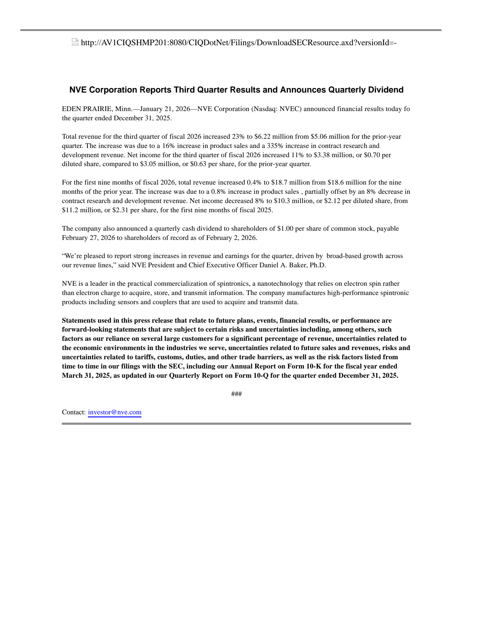 NVE's Q3 2026 Press Release