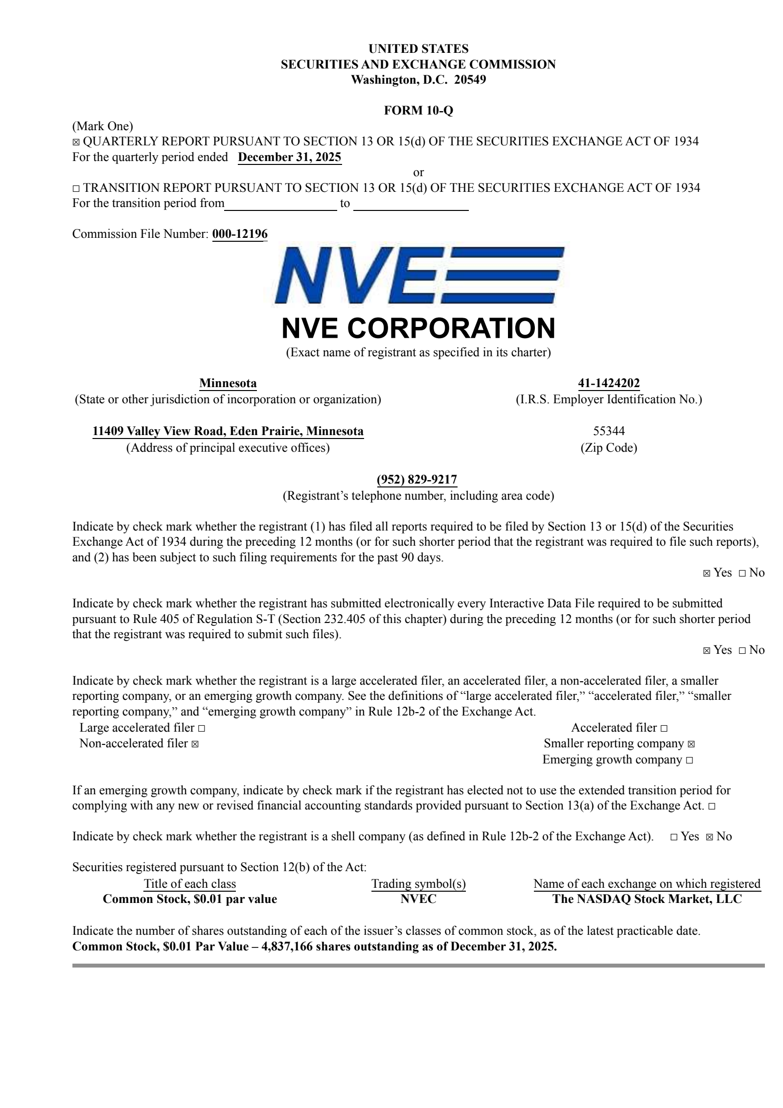 NVE's Q3 2026 Quarterly report