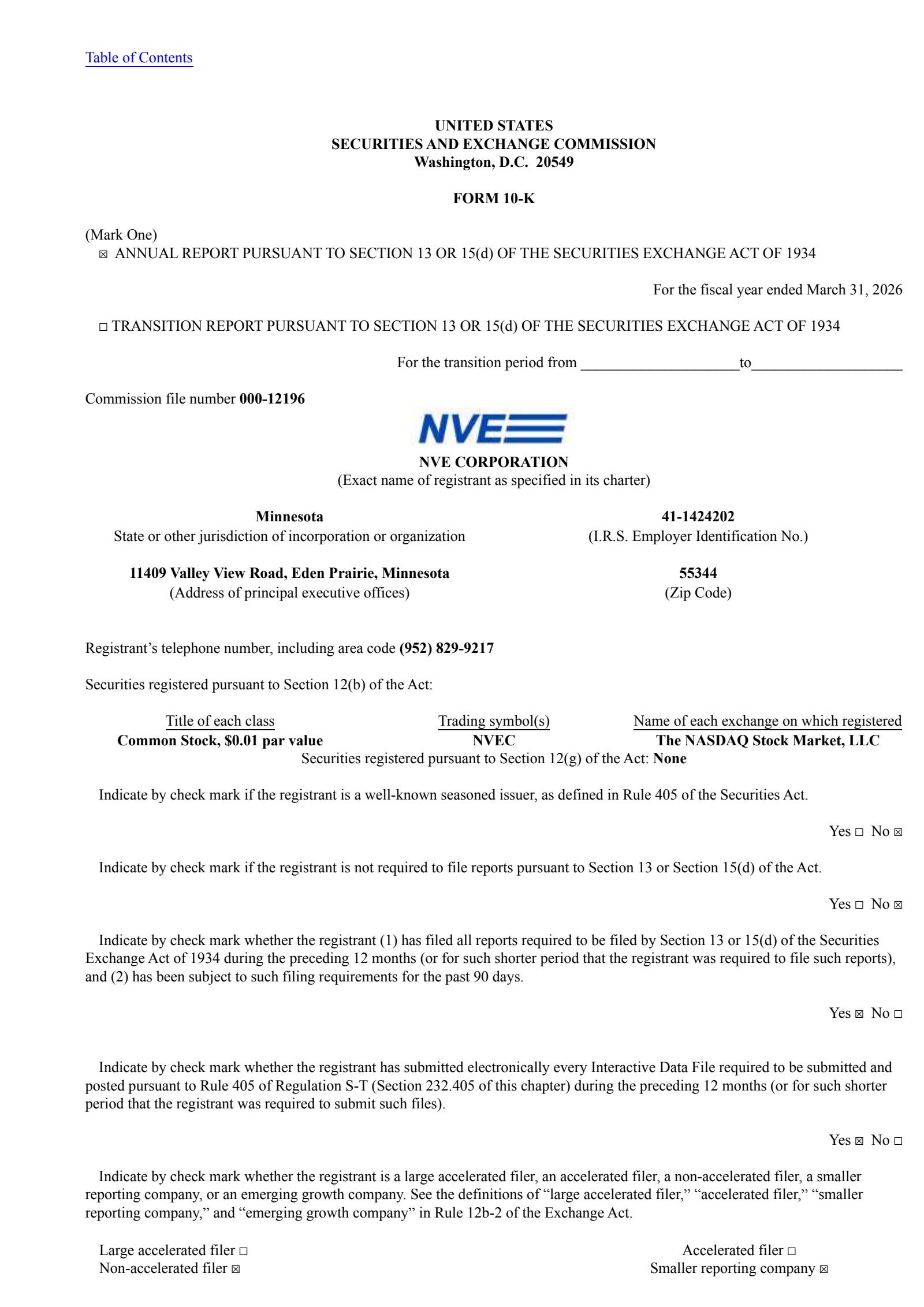 NVE's Q4 2026 Annual report