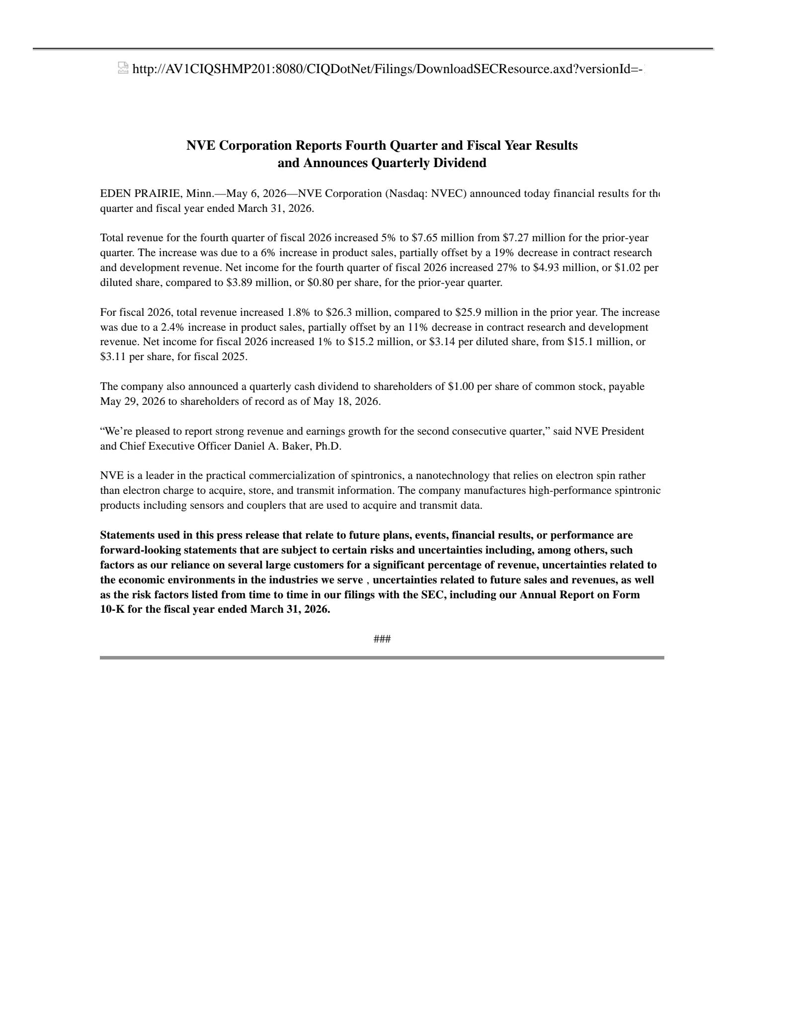 NVE's Q4 2026 Press Release