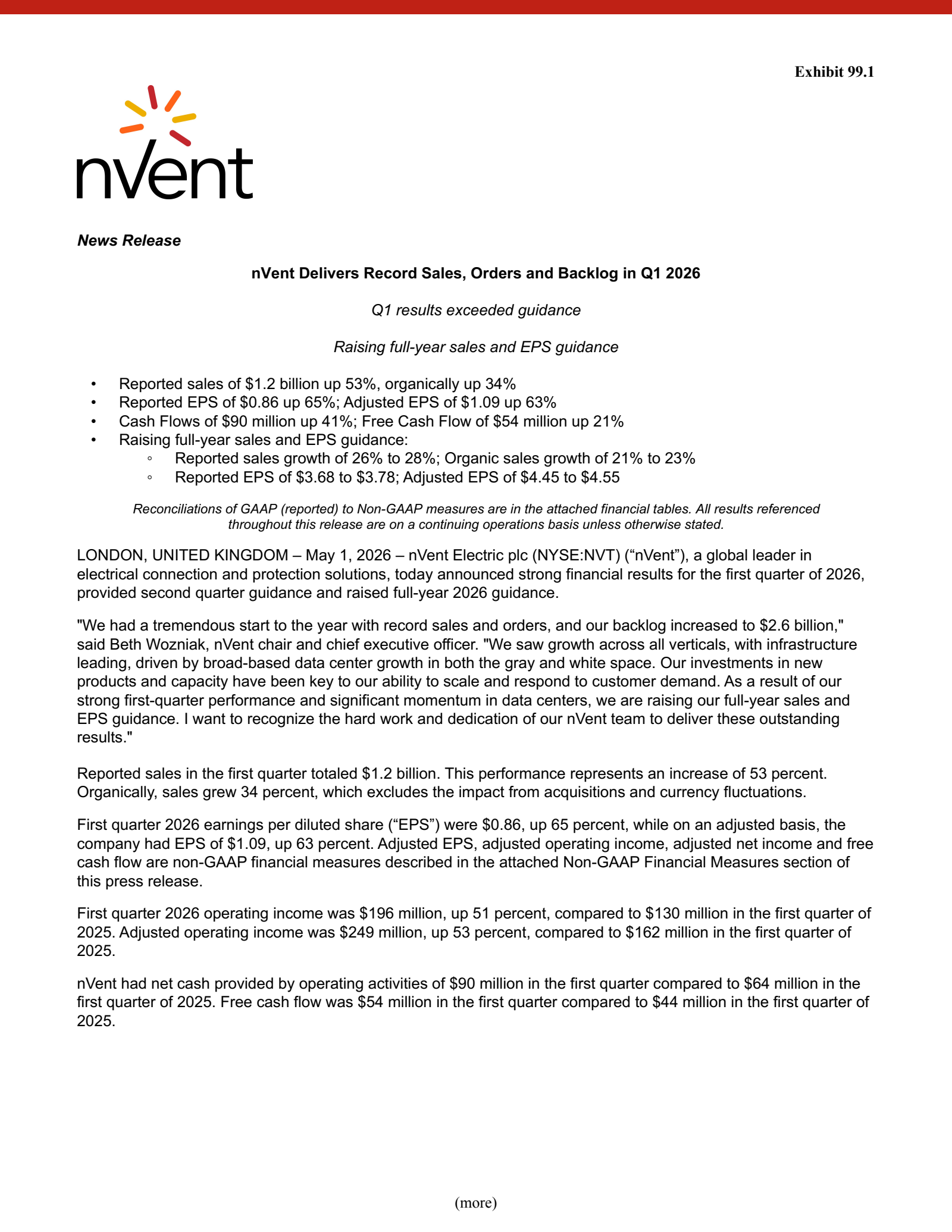 nVent Electric's Q1 2026 Press Release