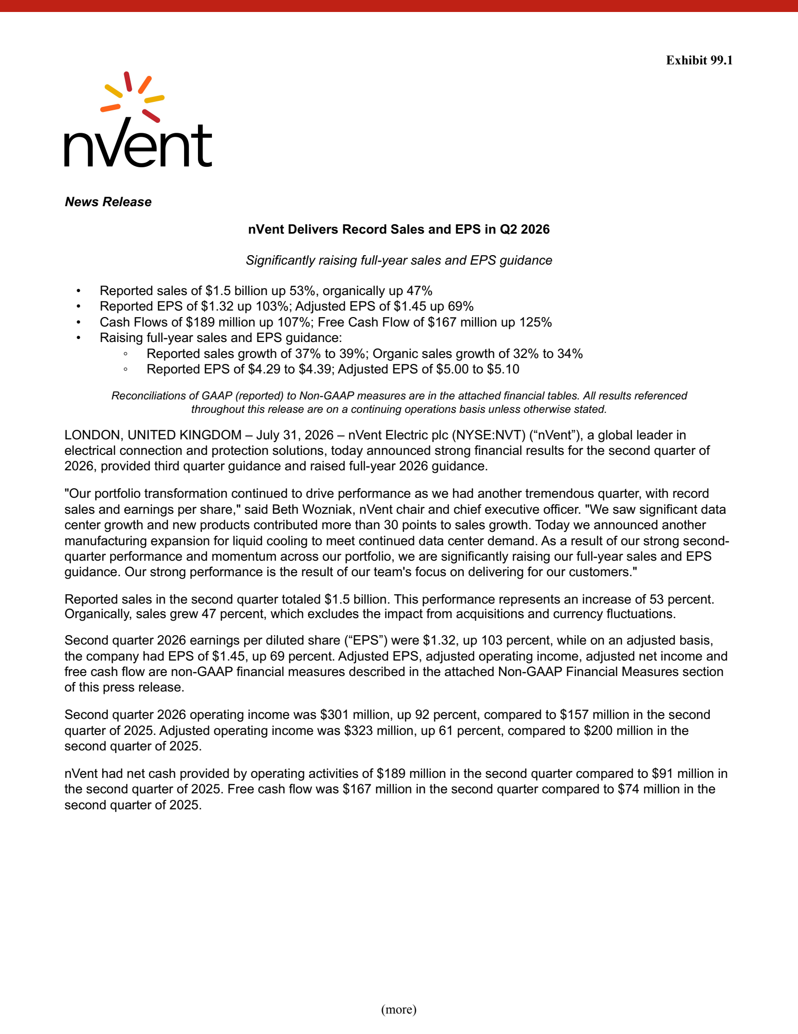 nVent Electric's Q2 2026 Press Release